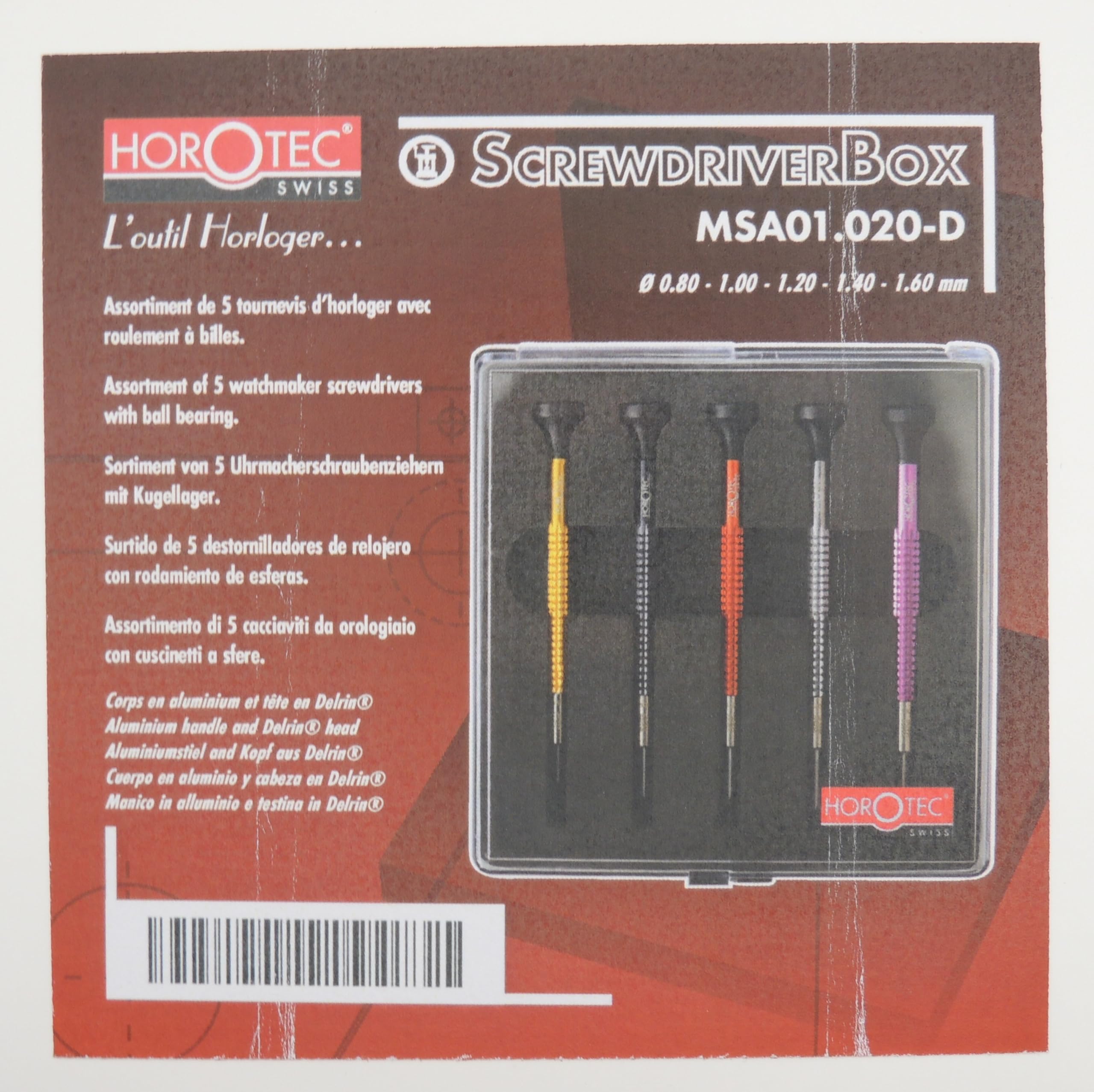 KD89 Zestaw precyzyjnych wkrętaków jubilerskich z końcówkami aluminiowymi i ze stali nierdzewnej - wykonane w Szwajcarii - Horotec MSA01.020, Czerwony, 01.020-D