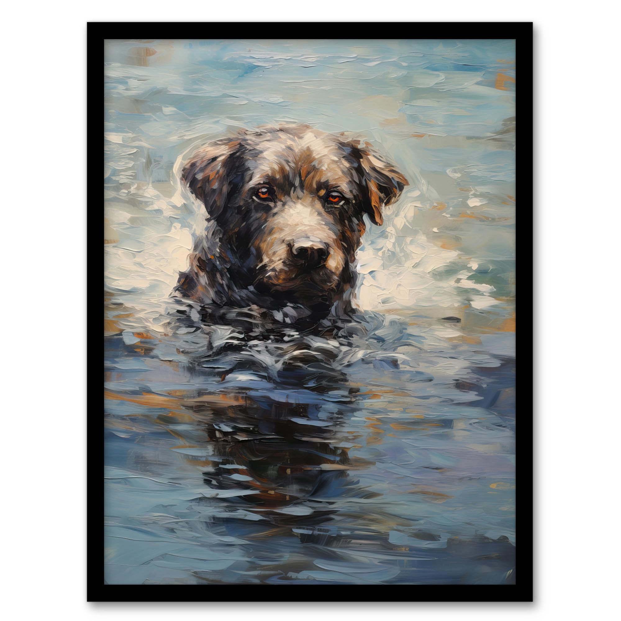 Artery8 Labrador Retriever Swimming Claude Monet Style Dog Oil Painting Artwork Framed Wall Art Print 18X24 Inch