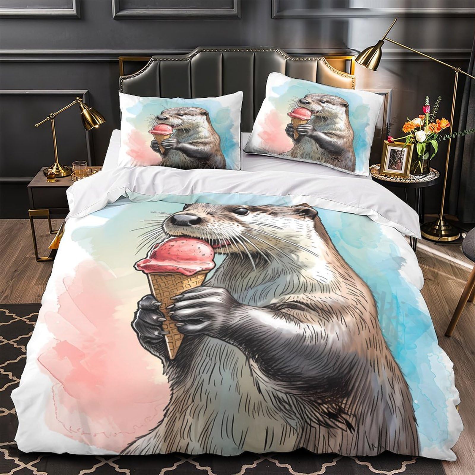 Parure de lit loutre en microfibre housse de couette 135x200cm pour lit simple enfant et adulte