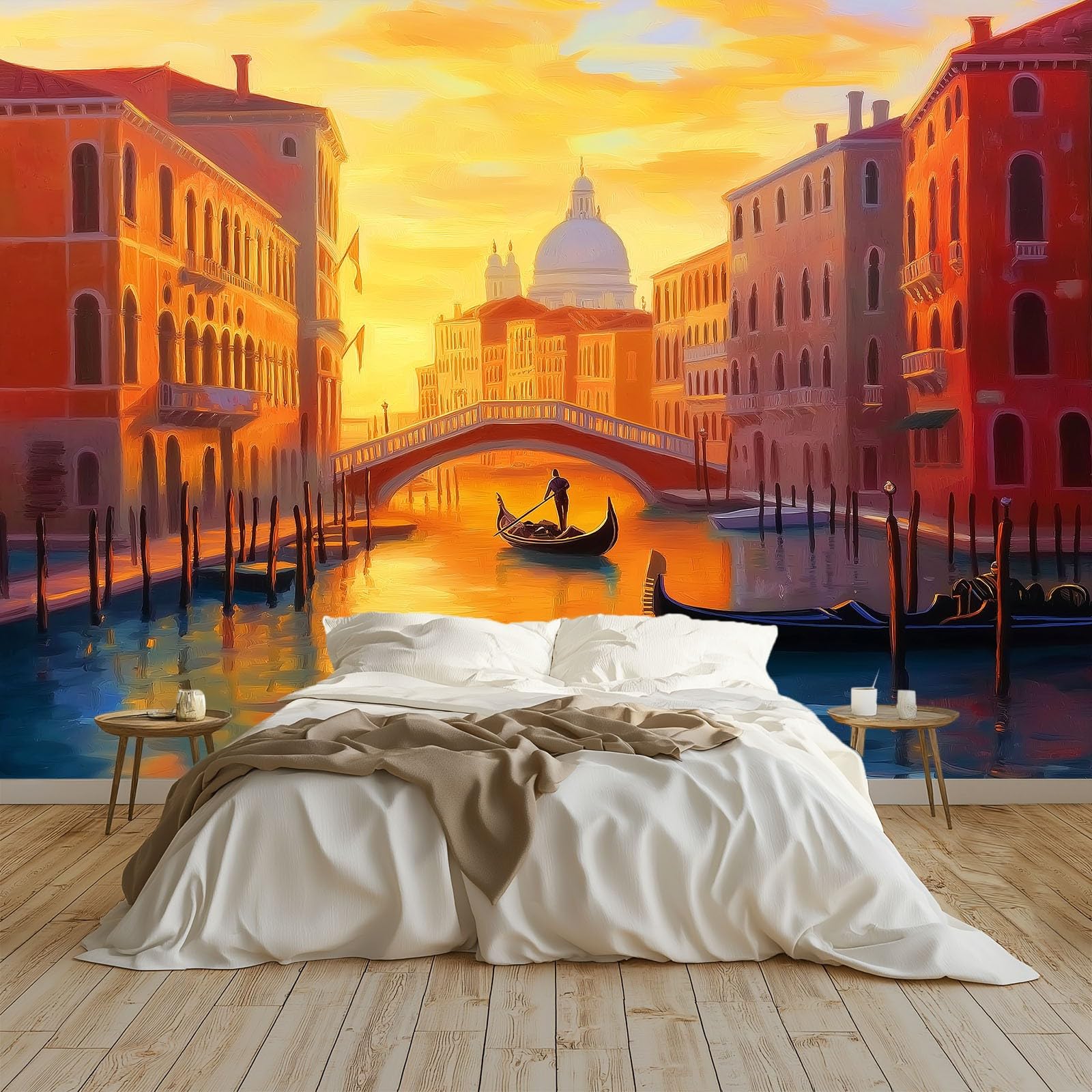 Panoramiczna tapeta 200 x 140 cm Architektura Miejska Kanał Zachodu Słońca Włóknina XXL Mural Dekoracja ścienna Gobelin Fototapeta Salon Sypialnia - Tapeta Trompe l'eil Efekt 3D, kolor pomarańczowy