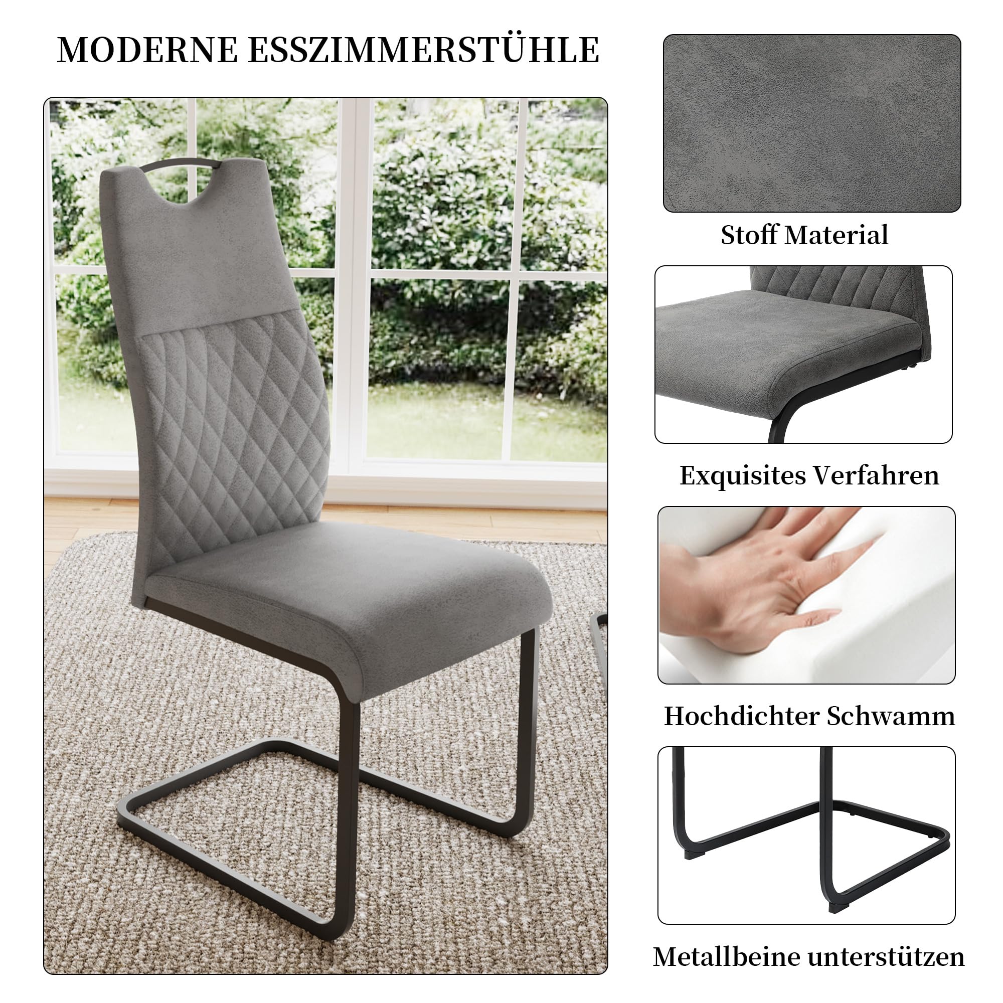 JIEXI Esstisch Küchentisch, 120 cm grau + 4 graue Stühle, 4-6 Personen | MDF Holz, Metallbeine, Modernes Design, Für Wohnzimmer & Esszimmer