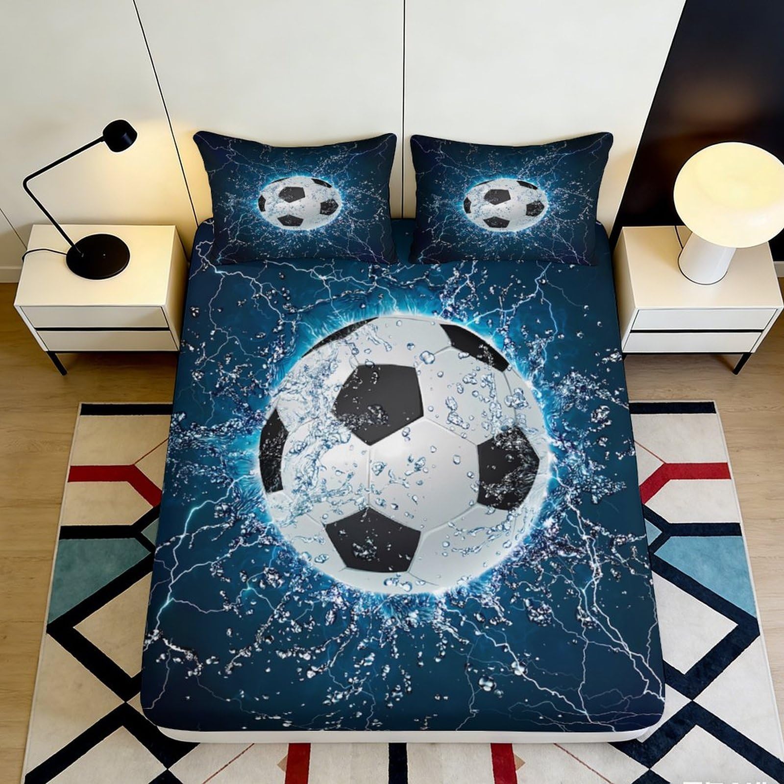 3D Printed Splash Soccer Ball Fitted Sheet Microfiber Blue Lightning Mattress Cover Anti-Slip Bedroom Decor Washable 90x200x25cm