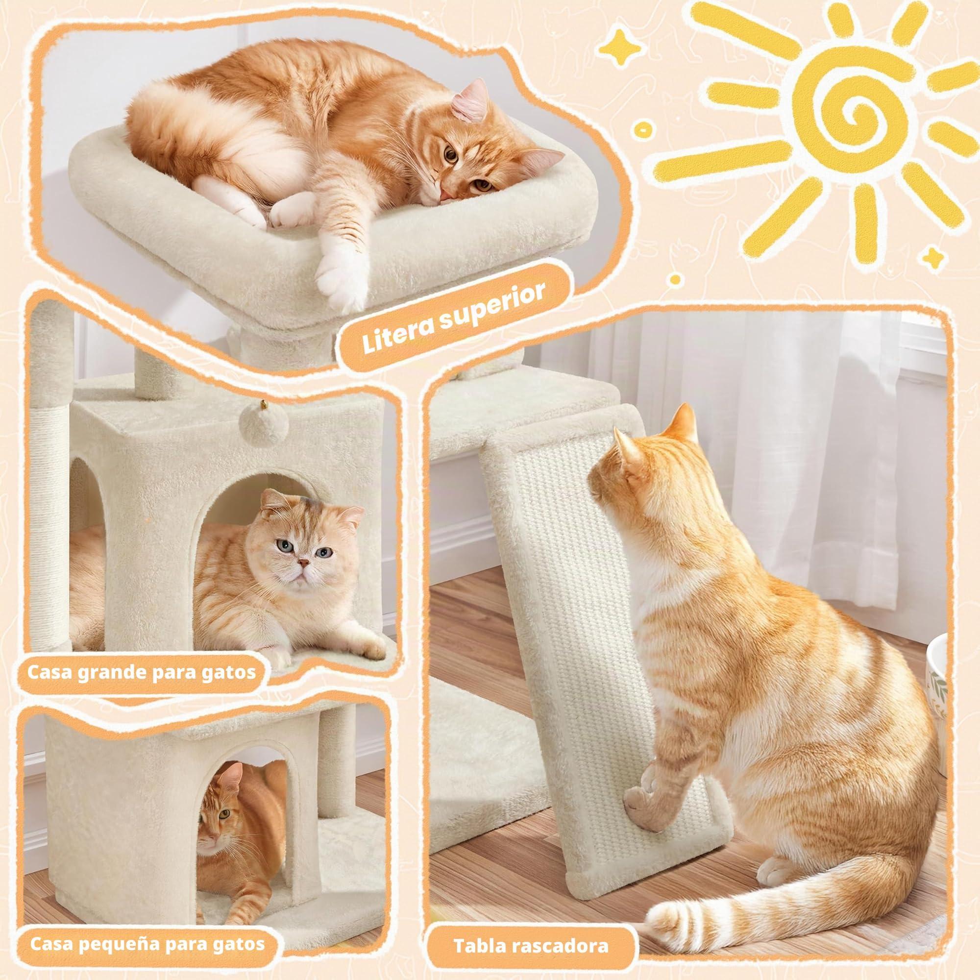 Yaheetech Árbol rascador para Gatos de 106 cm de Altura, con 2 Casitas y Pelota de Juego, Color Beige