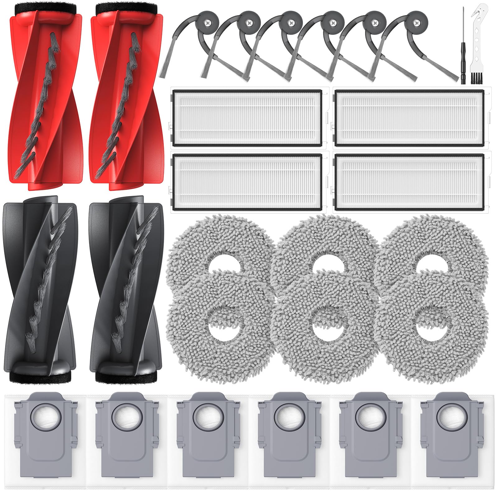 26 Stück Zubehör für Roborock Qrevo Curv/Qrevo Curv S5X / Qrevo/Qrevo Edge S5V Saugroboter, 2 Hauptbürste, 6 Staubbeutel, 6 Wischpad, 4 Filter, 6 Seitenbürste, 1 Reinigungszubehör, 1 Schraubendreher