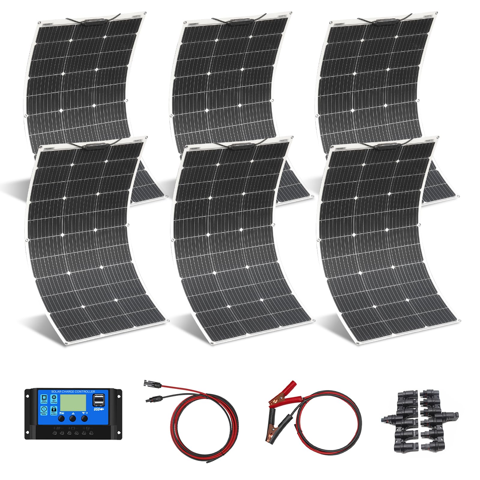 Panel Słoneczny 600W 6 szt Monokrystaliczne ładowanie Słoneczne 18V 100W z wyjściem USB kontrolera 60A, odpowiedni do kamperów, łodzi, namiotów, samochodów, przyczep, baterii 12V, czarny (600)