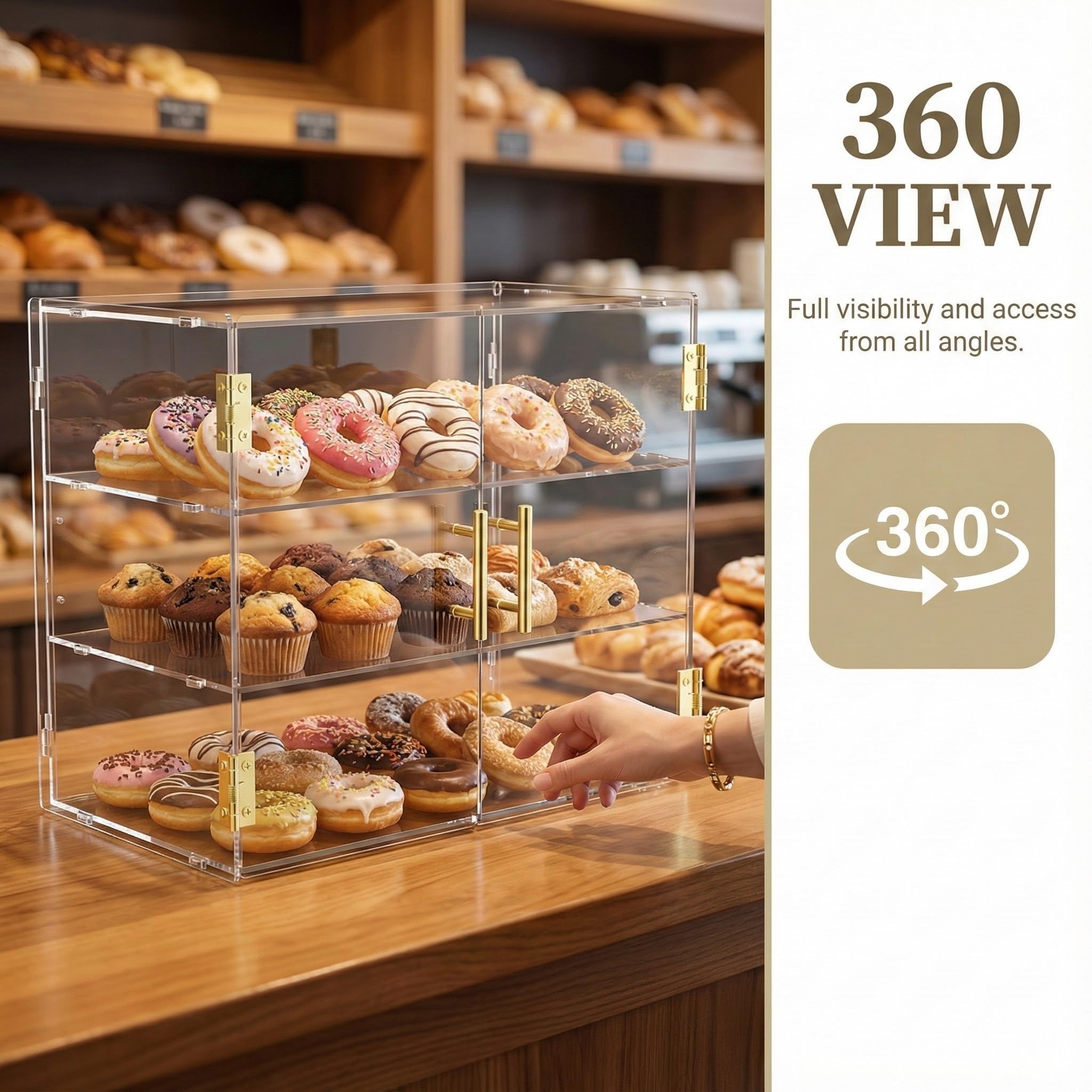 Vetrina da banco a 3 livelli con sportello automatico elastico, 49,5 x 37,8 x 26,2 cm, vetrina per pasticceria in acrilico, per pane, dessert, biscotti