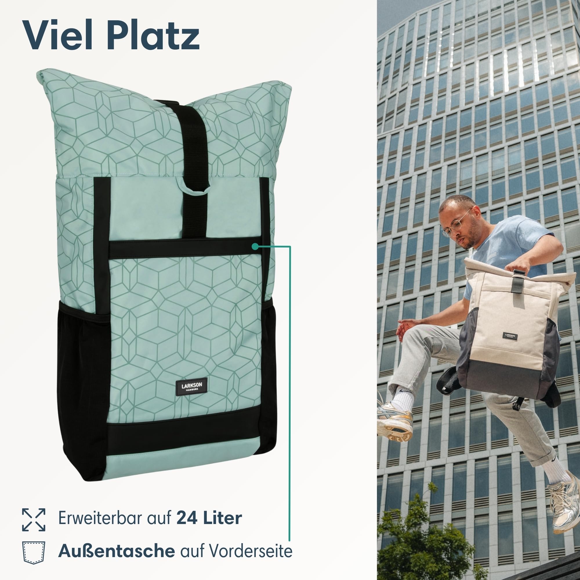 LARKSON Rolltop Rucksack Damen Groß Mint - No 2 - Daypack für Schule, Uni, Fahrrad - 16 Zoll Laptop Fach für Arbeit - Nachhaltig - Anti-Diebstahl - Wasserabweisend