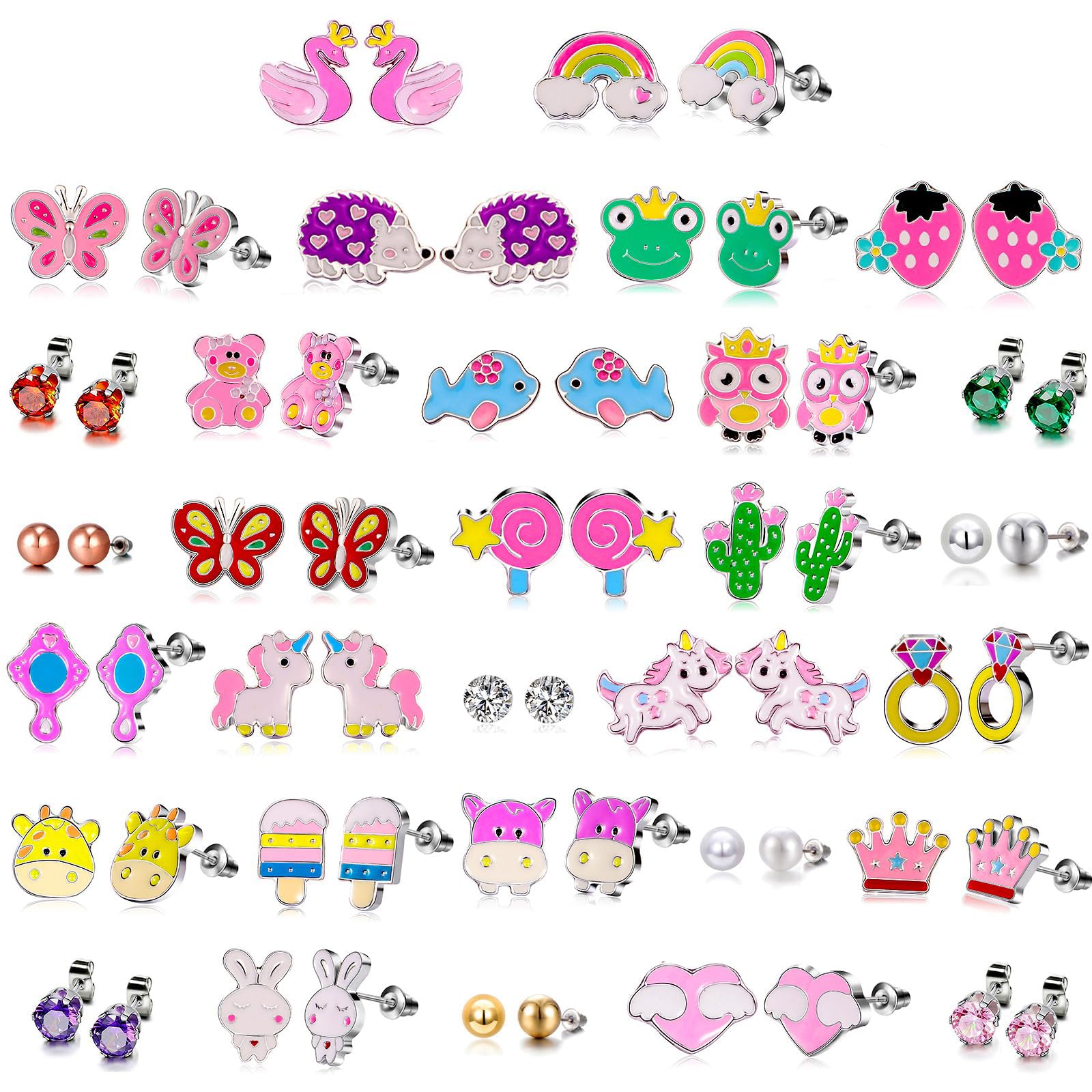 30 Pairs Hypoallergenic Earrings for Girls Sensitive Ears with Stainless Steel Post -Assorted Cute Stud Earrings for Teens Girls Women