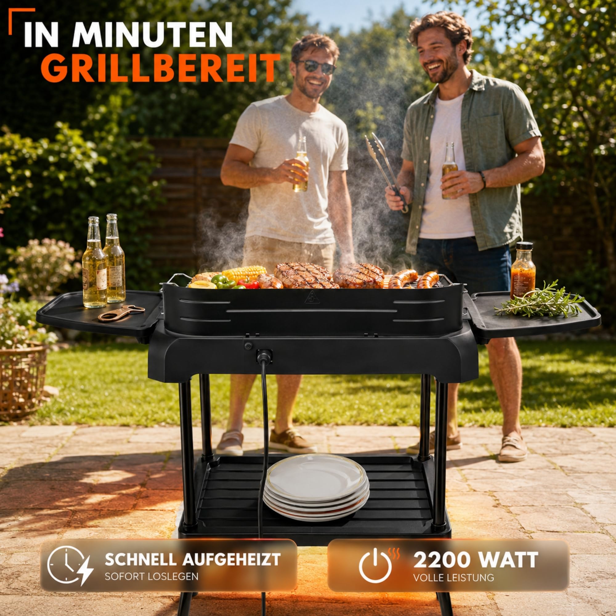 Sommertal BBQ231, barbecue elettrico | Barbecue da balcone | 2200 W | Barbecue da campeggio | 2in1 | Regolatore di temperatura senza scalini | Superficie di appoggio | Riscaldamento rapido |