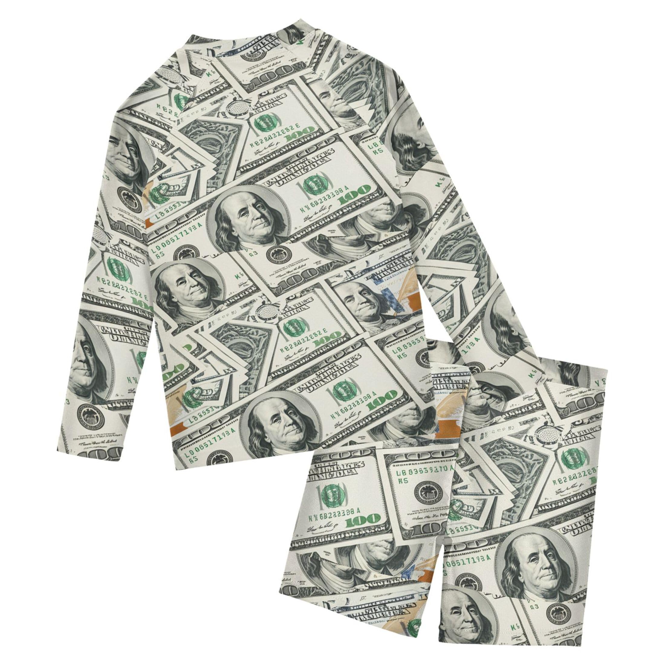 Paper Money Hundred Dollar Bills Baby Boys' Toddler Long Sleeved Rashguard Swim Bathing Suit Set B0405091
