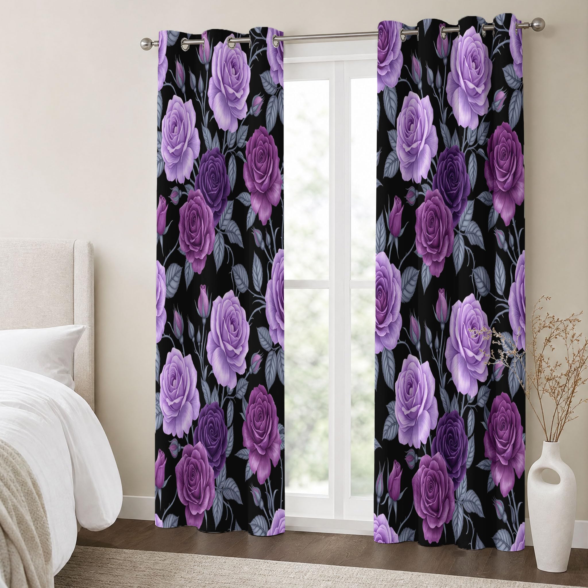 Cortinas Opacas Térmicas Decorativas Tema De La Rosa Gótica | Flores Oscuras En Acuarela 2 Piezas 140Anx240Al Cm, Cortinas De Privacidad para Ventanas De Sala De Estar, Púrpura