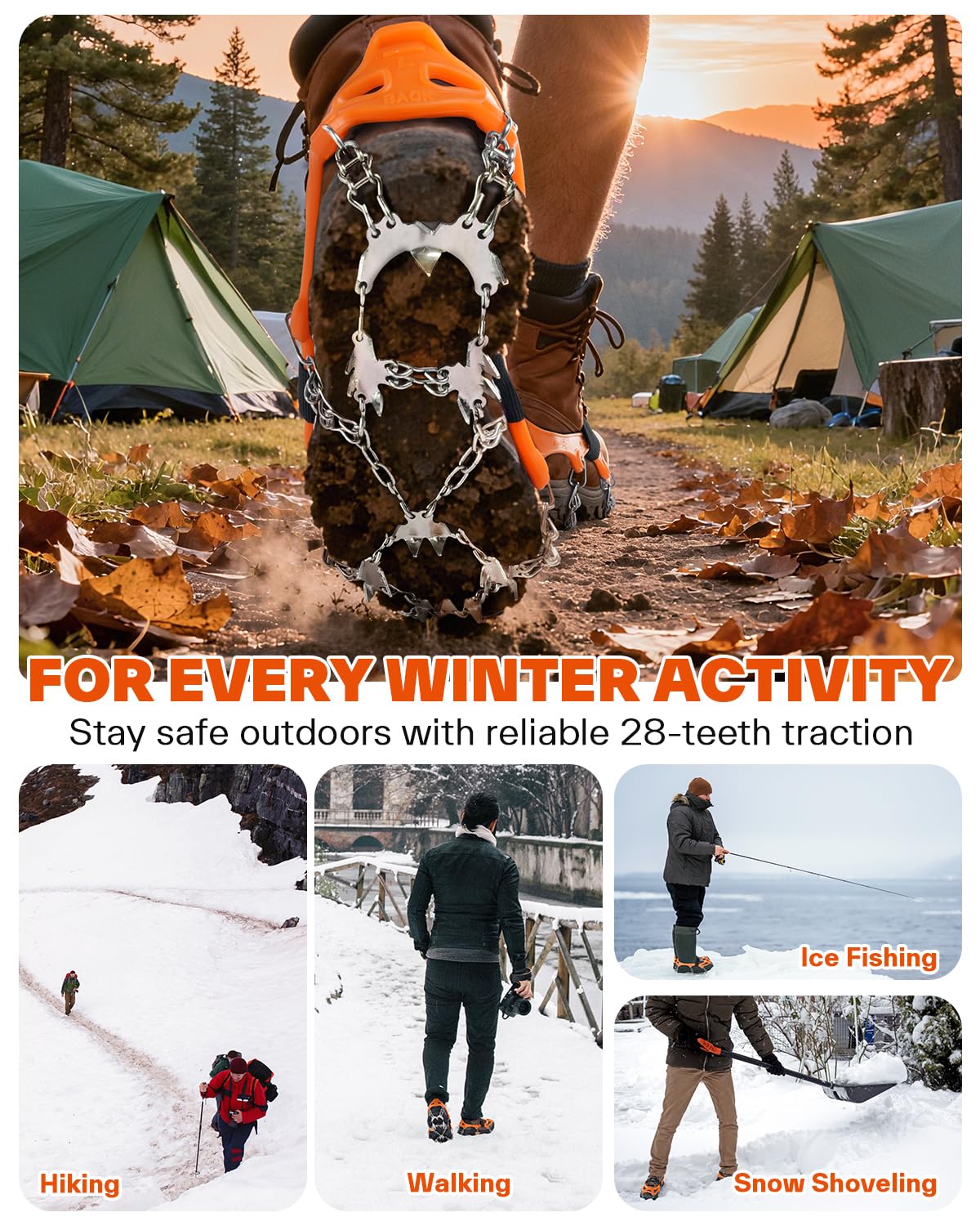 Sportneer Crampones para Nieve Deportivos 28 Dientes, Ajuste Universal para Hombre y Mujer, Tracción para Caminar, Trotar, Senderismo y Pasear Perros en Invierno