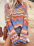 Floerns Femmes surdimensionné Tige couleur Contraste Hollow Crochet Pullover tricoté long manches