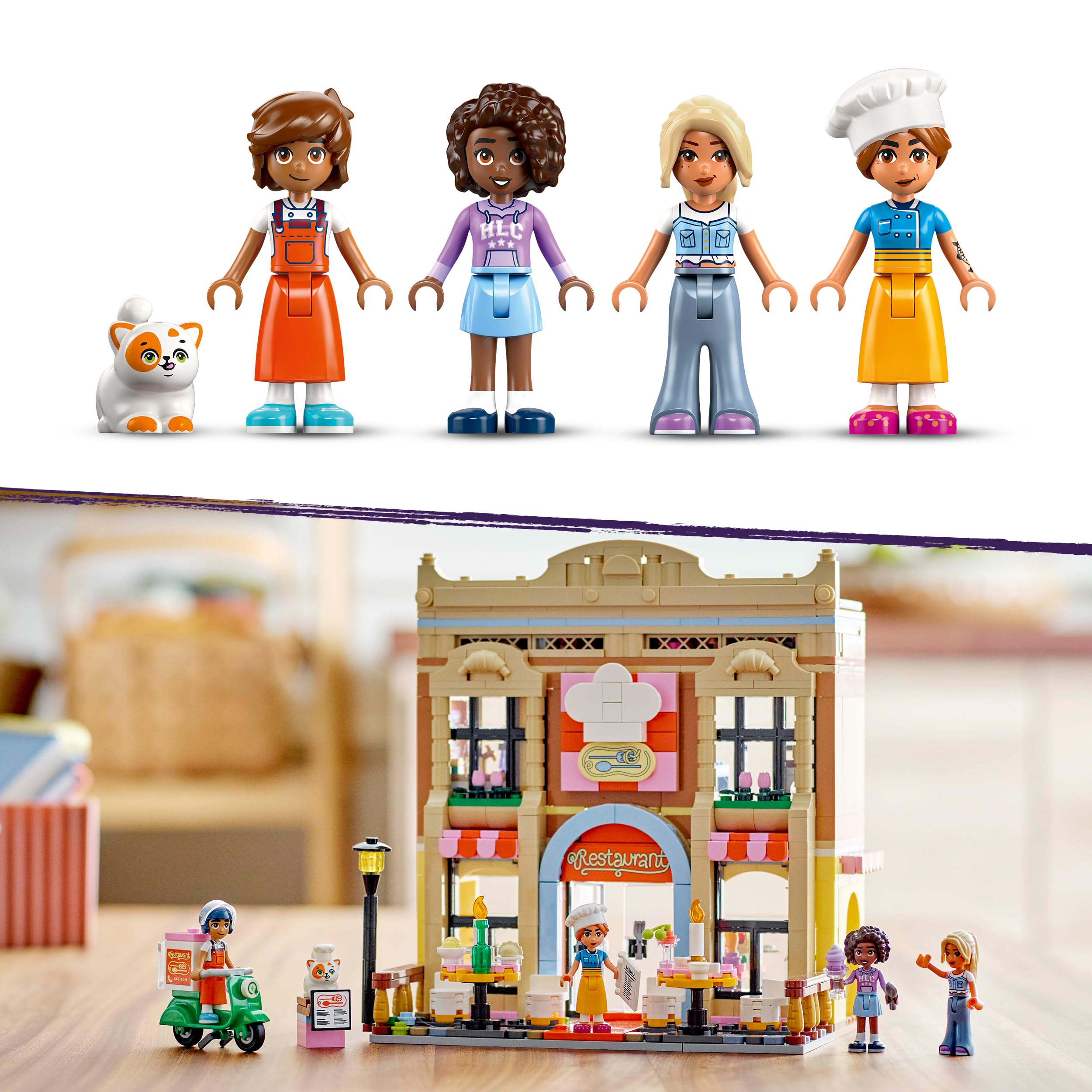 LEGO Friends Restauracja i Szkoła Gotowania, Kreatywna Zabawka dla Dziecka do Zbudowania, Minilaleczki, Zabawkowa Kuchnia i Figurka Kota, Prezent dla 8-latki, dla Dziewczynki i Chłopca, 42655