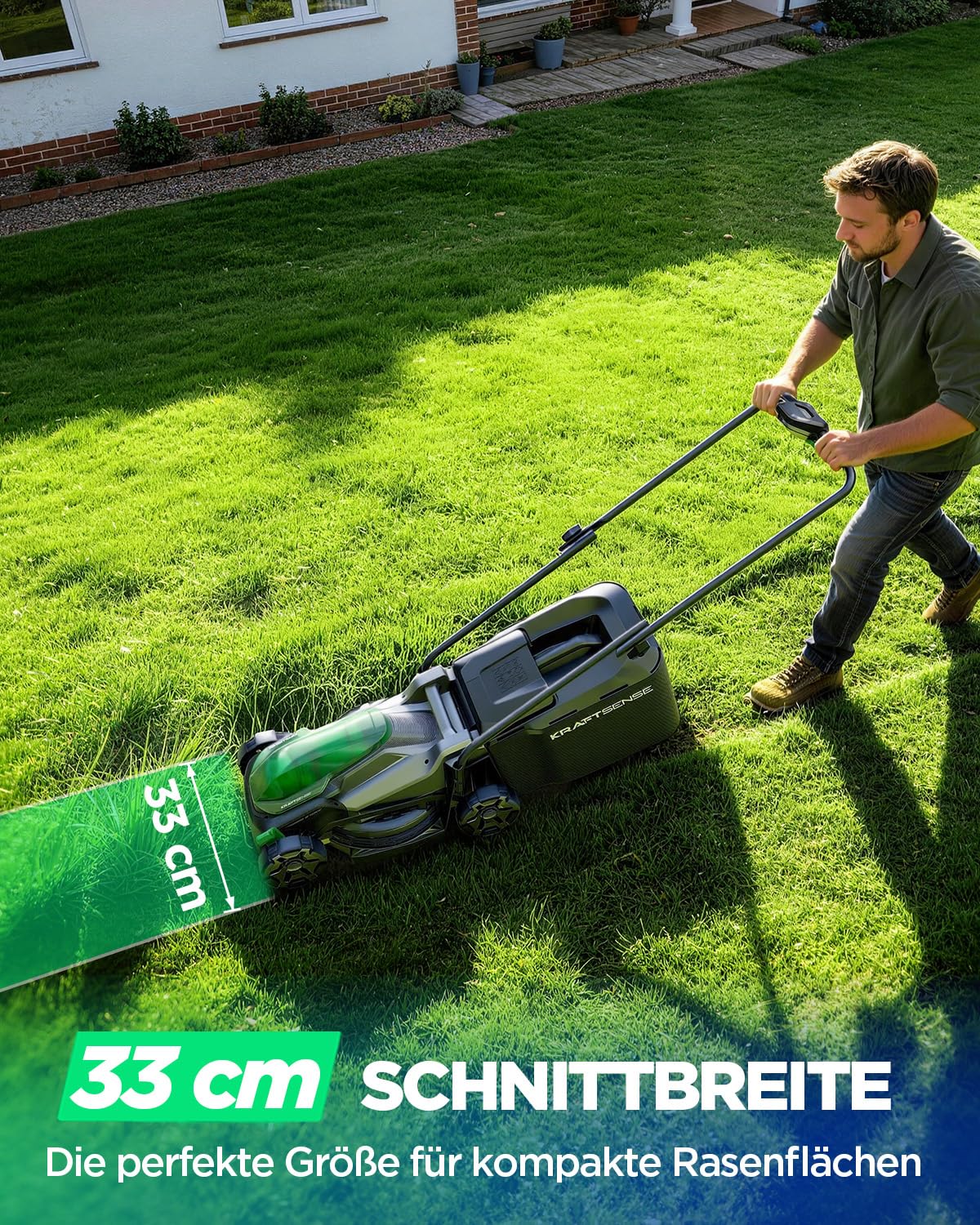 Akku-Rasenmäher für kleine Gärten, 33 cm Arbeitsbreite, bürstenloser Antrieb, 2-in-1 Mulchen & Fangen, mit 2×5,0 Ah Akkus für bis zu 400 m² pro Ladung, inkl. Typ-C-Ladekabel