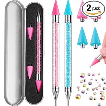 Tatuo 2 Pcs Nail Rhinestone Picker Tool Dual Ended Wax Pen Gem Picker Tool Dotting Pen for Nail Art DIY Rhinestones Dotting Gems Stones Crystals and Charms(Pink, Aqua)