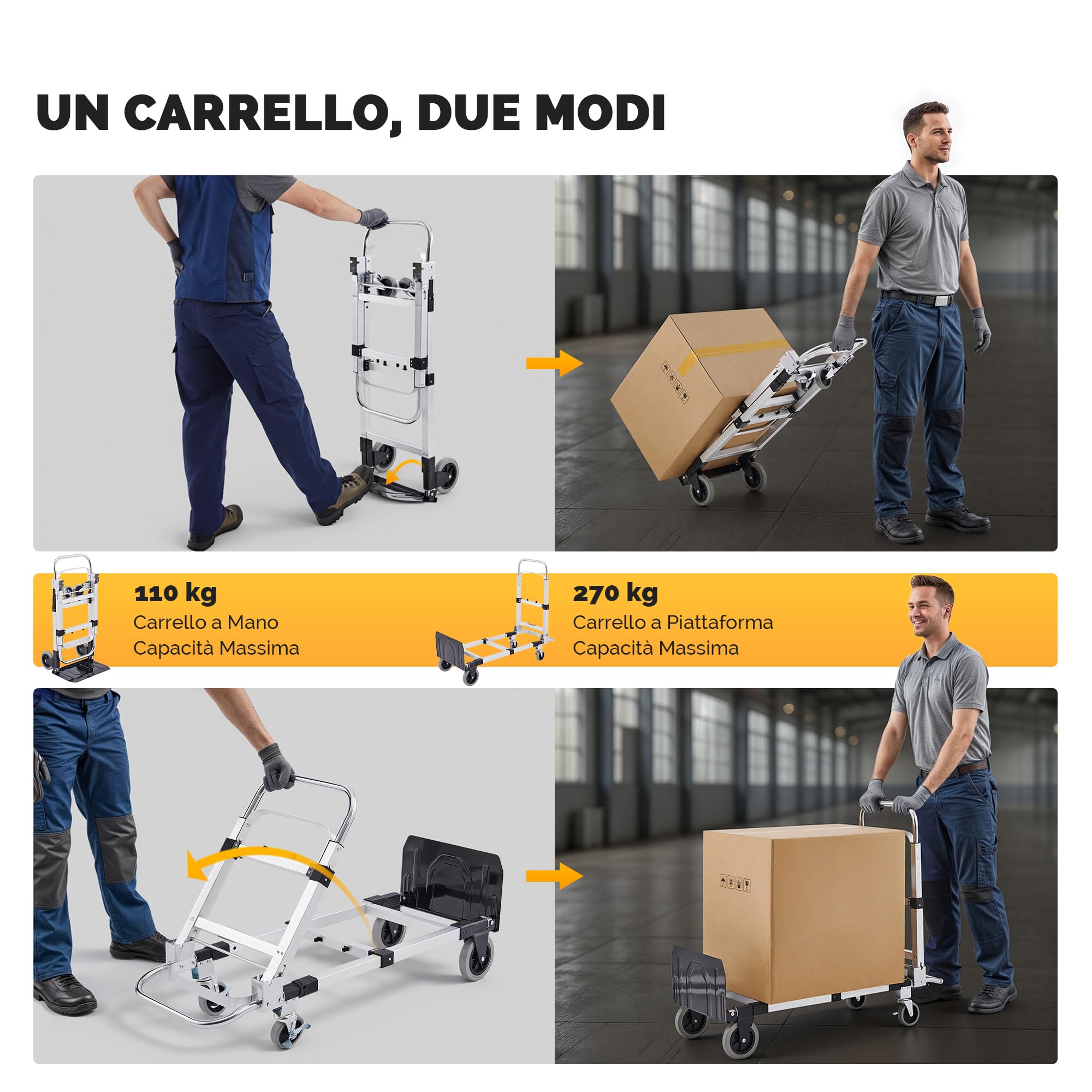 CREWORKS Carrello Pieghevole 2 in 1 Capacità 270 kg, Carrello Portapacchi con Ruote Girevoli Bloccabili e 2 Cinghie, Carrello in Lega di Alluminio Regolabile in Altezza per Casa, Magazzino, Ufficio