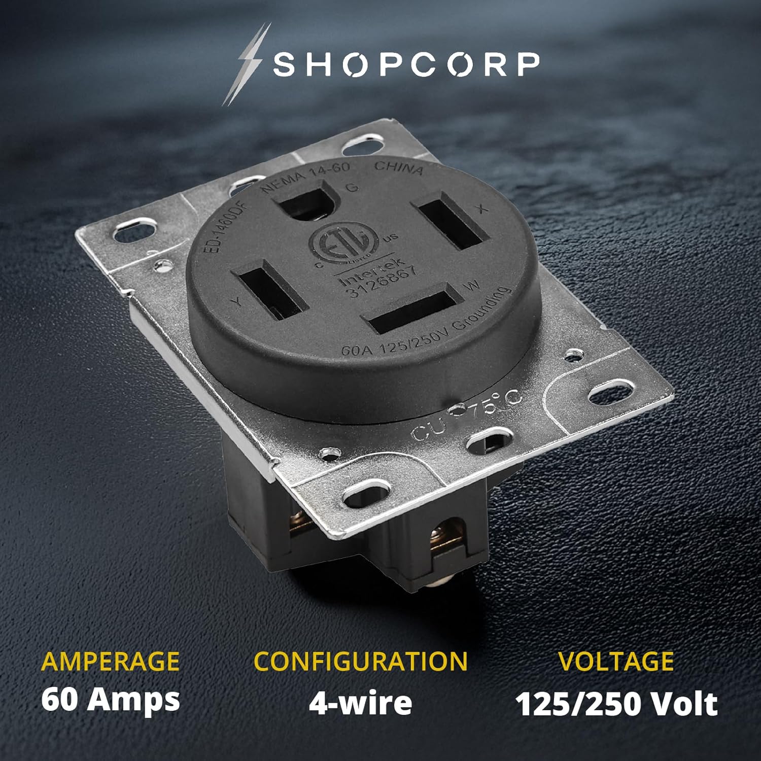 60 Amp 125/250V Power Flush Receptacle Outlet, NEMA 14-60R, Black, Straight Blade, Industrial Grade, Grounding, ETL Listed
