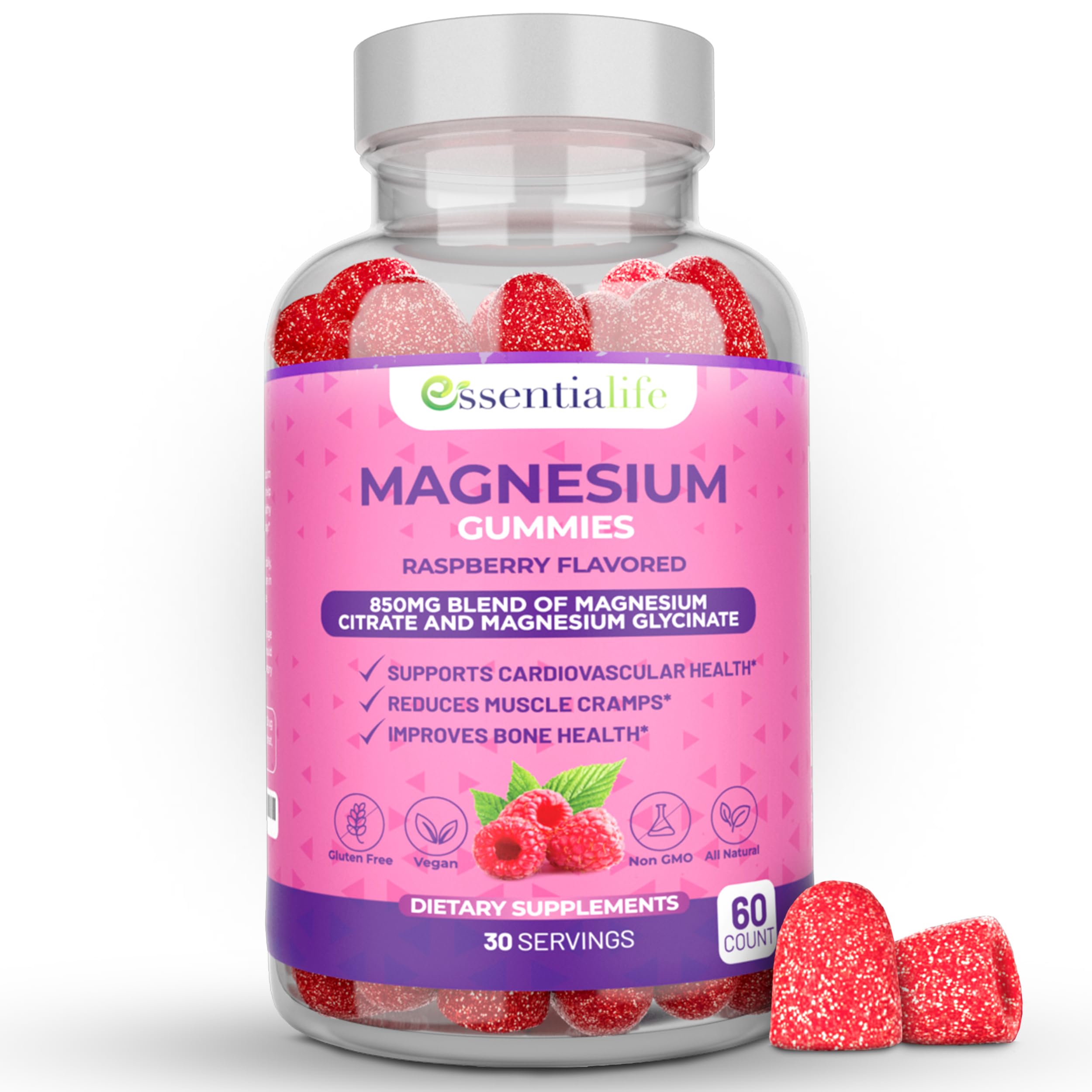 EssentialifeMagnesium Gummies Pure Magnesium 100mg per Serving for Sleep and Clam - 850mg Blend of Magnesium Glycinate Citrate - Wake Up Energized with Magnesium Supports Digestion - 60 Count
