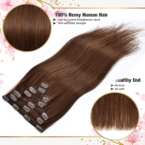 Miniatura 10 de Extensiones de cabello humano real con clip, cabello brasileño 9A de 18 pulgadas, 4.23 oz, extensiones de cabello castaño oscuro, 7 unidades, 16