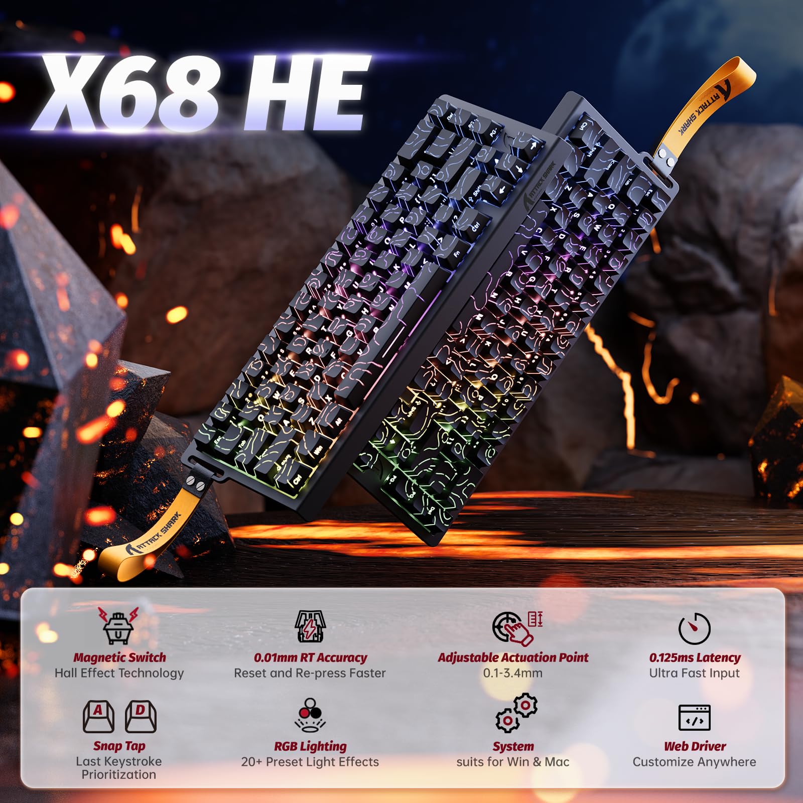 ATTACK SHARK X68 HE Tastiera Rapid Trigger 8000Hz, Tastiera Gaming RGB Cablata al 60% con Precisione RT di 0,01mm, Switch Magnetici, Attuazione Regolabile, Snap Tap, per PC/Mac, Contorni Neri