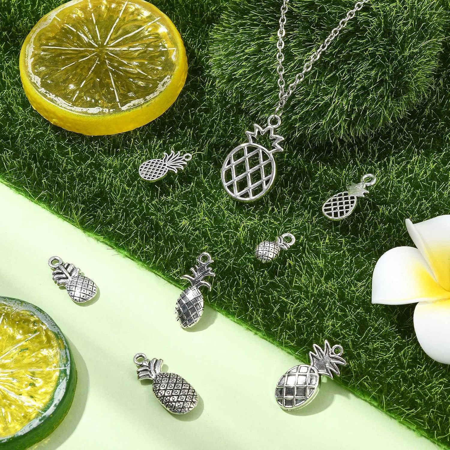 LiQunSweet 80 pcs 8 Styles Antique Silver Pineapple Alloy Charms Vintage Fruit Charms for DIY Jewelry Bracelet Necklace Earring Keychain Bag Decorations