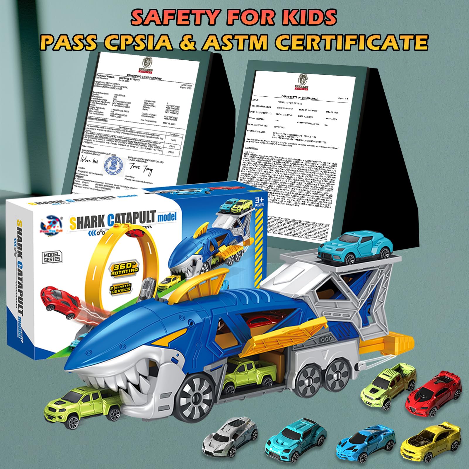 Juego de coches de carreras de tiburones con camión transportador, pista de bucle y lanzador – Vehículos de carreras a escala 6 x 1:64, juguetes STEM para niños de 3 a 12 años, montaje 9