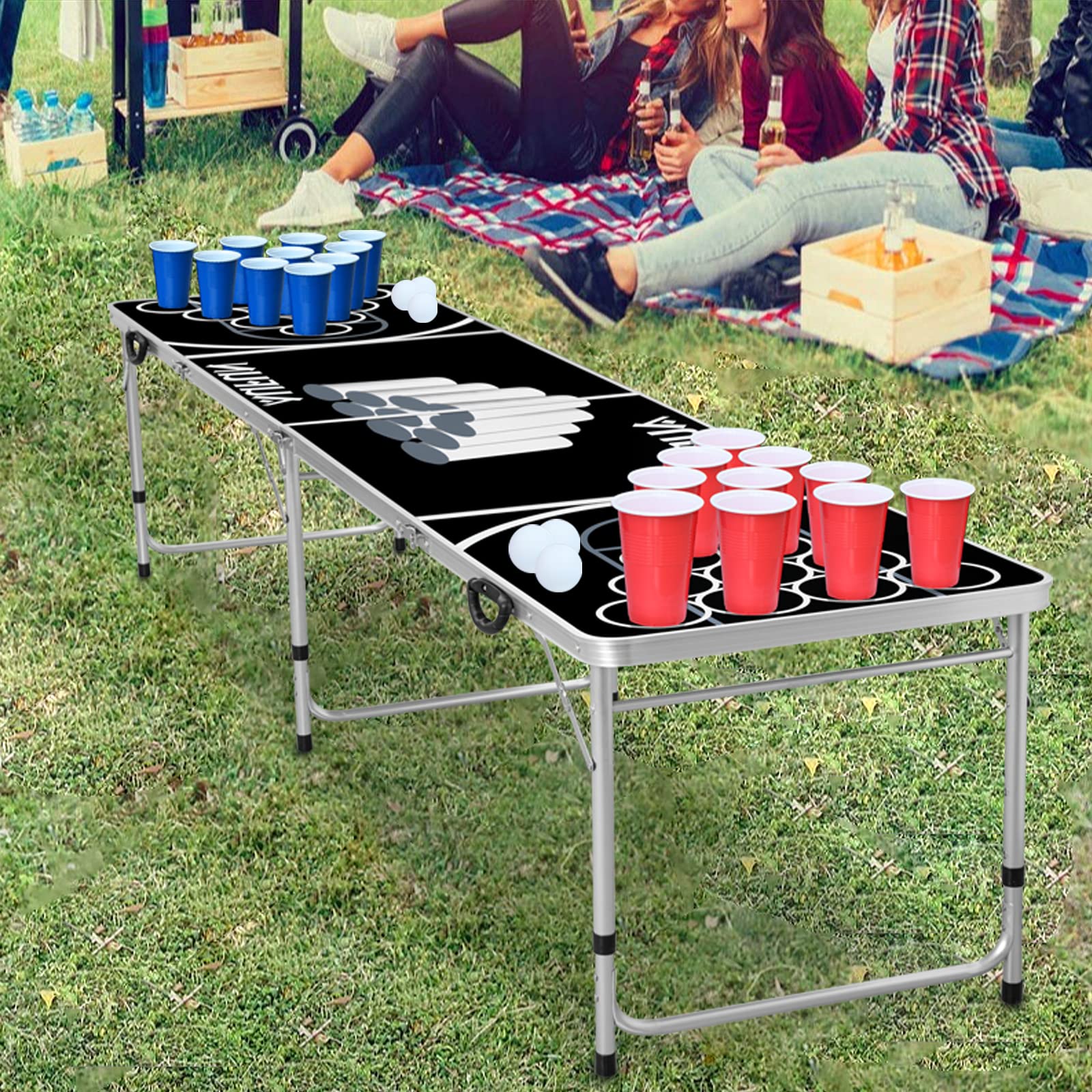 LZQ Stół Beer Pong Beer Pong z regulacją wysokości składane gry imprezowe gry picie wraz z 5 piłkami i 100 kubkami w kolorze czerwonym i niebieskim (po 50 szt.) odporny na zadrapania i wodę