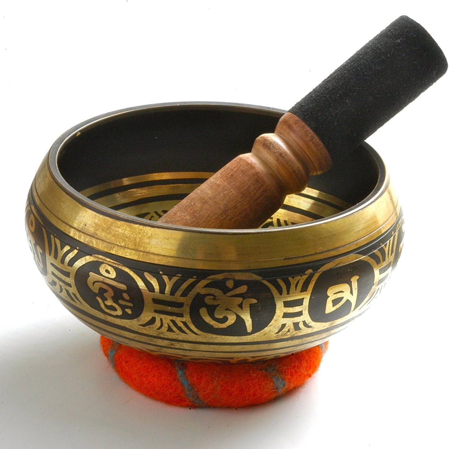 Tibetan Singing Bowl (Singing Bowls/Tibetan Meditation Bowl) - hand-painted from Nepal. Handmade Felt Cushion, Wood/Leather Mallet, handmade Lokta paper box. Om Mani Padme Hum. Imagination Imports (R)