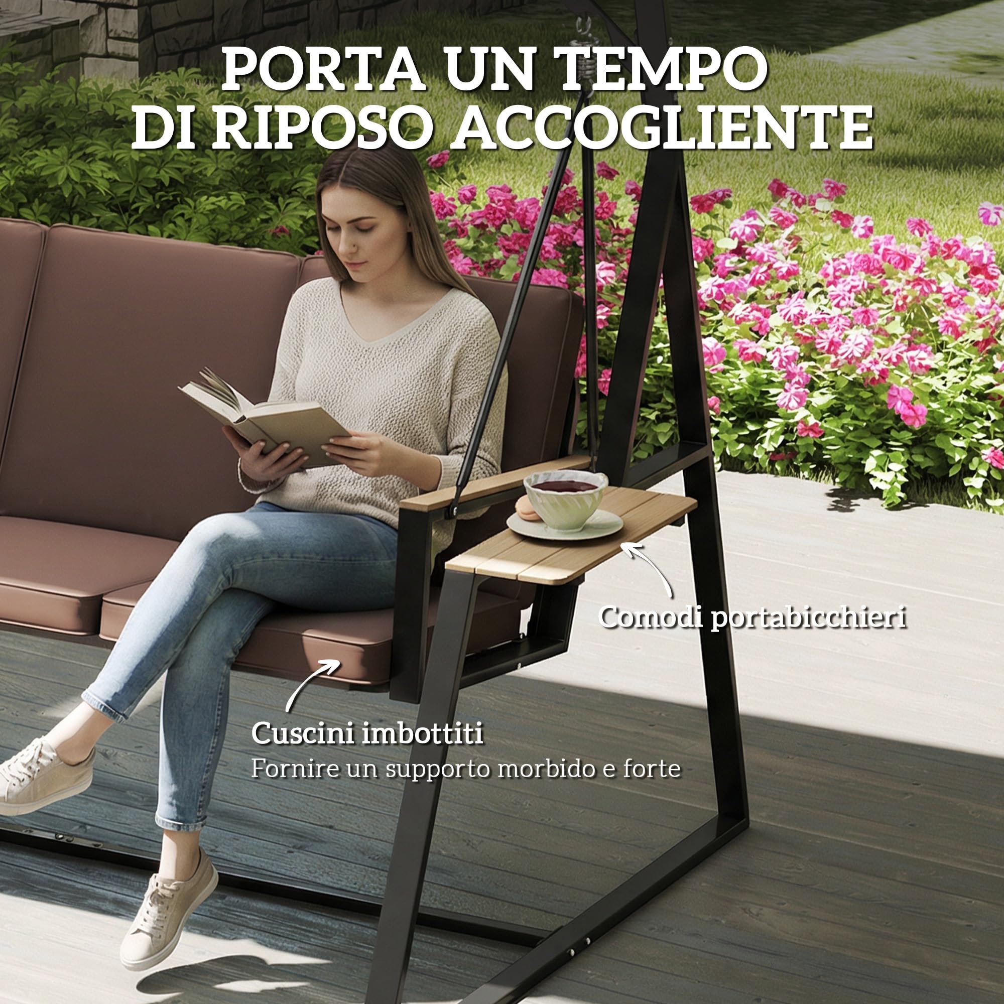 Outsunny Dondolo da Giardino 3 Posti con Tettuccio Regolabile, Dondolo da Esterno in Metallo con 2 Vassoi, Cuscini Imbottiti, Portata 360kg, per Terrazzo Balcone, UV50+, 222x131x175 cm, Marrone