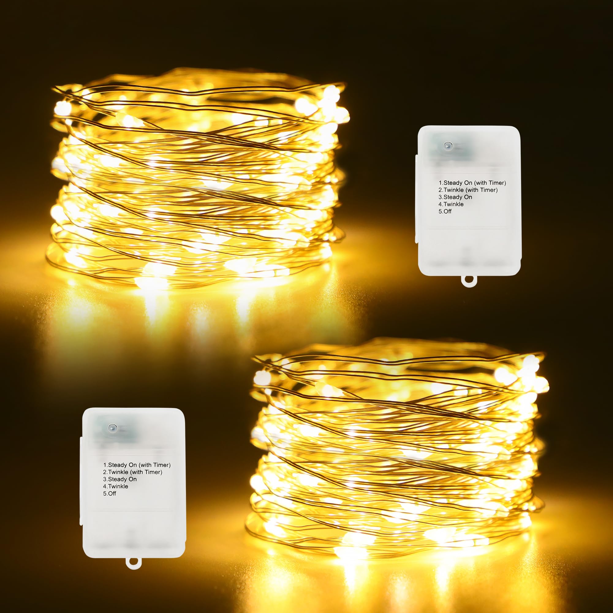 Timer Fairy Lights Battery Operated 2 Pack 16.4Ft 50 LEDs Silver Copper Wire Twinkle String Lights with Timer 5 Lighting Modes for Christmas Bedroom Wedding Parties Holiday Decorations (Warm White)