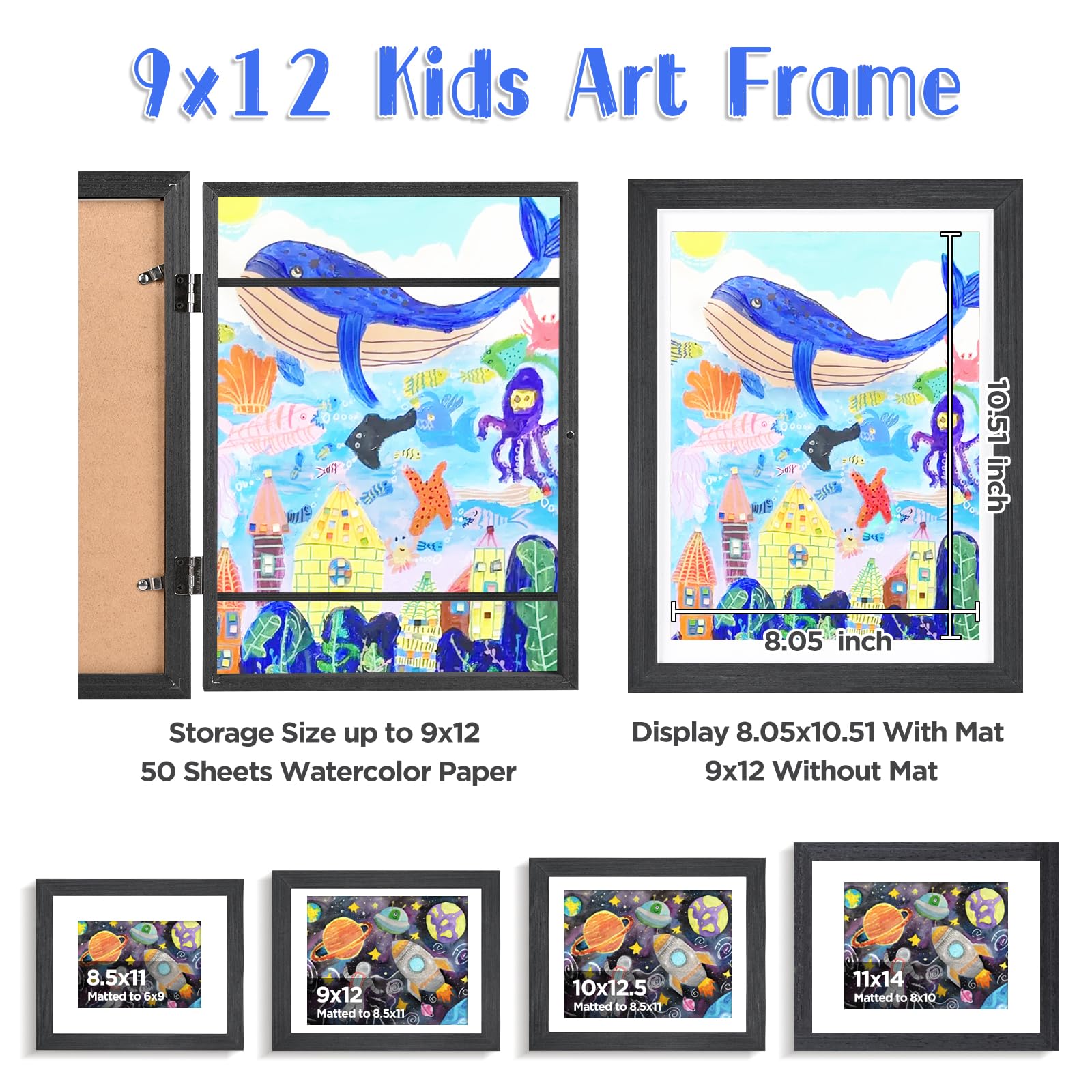 KINLINK 9x12 Kinder Kunstrahmen Frontöffnung 2 Stück, Holz-Bilderrahmen für 50 Bilder, Kunstrahmen für Kinder Kunstwerk mit Matte für A4 und 8,5x11 oder ohne Matte für 9x12, Schwarz