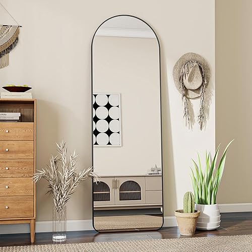 Koonmi Curved Top Full Length Mirror with Round Corners, 40 x 150 cm, Free Standing or Hanging for Living Room - Black - 150L x 40W cm