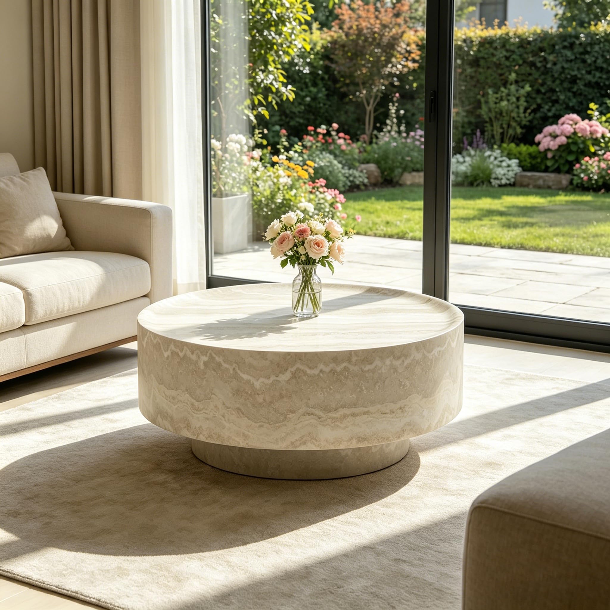 HAMORESPACE HAMORESAPCE Round Coffee Table, Travertine Style Fiberglass Pedestal — product photo