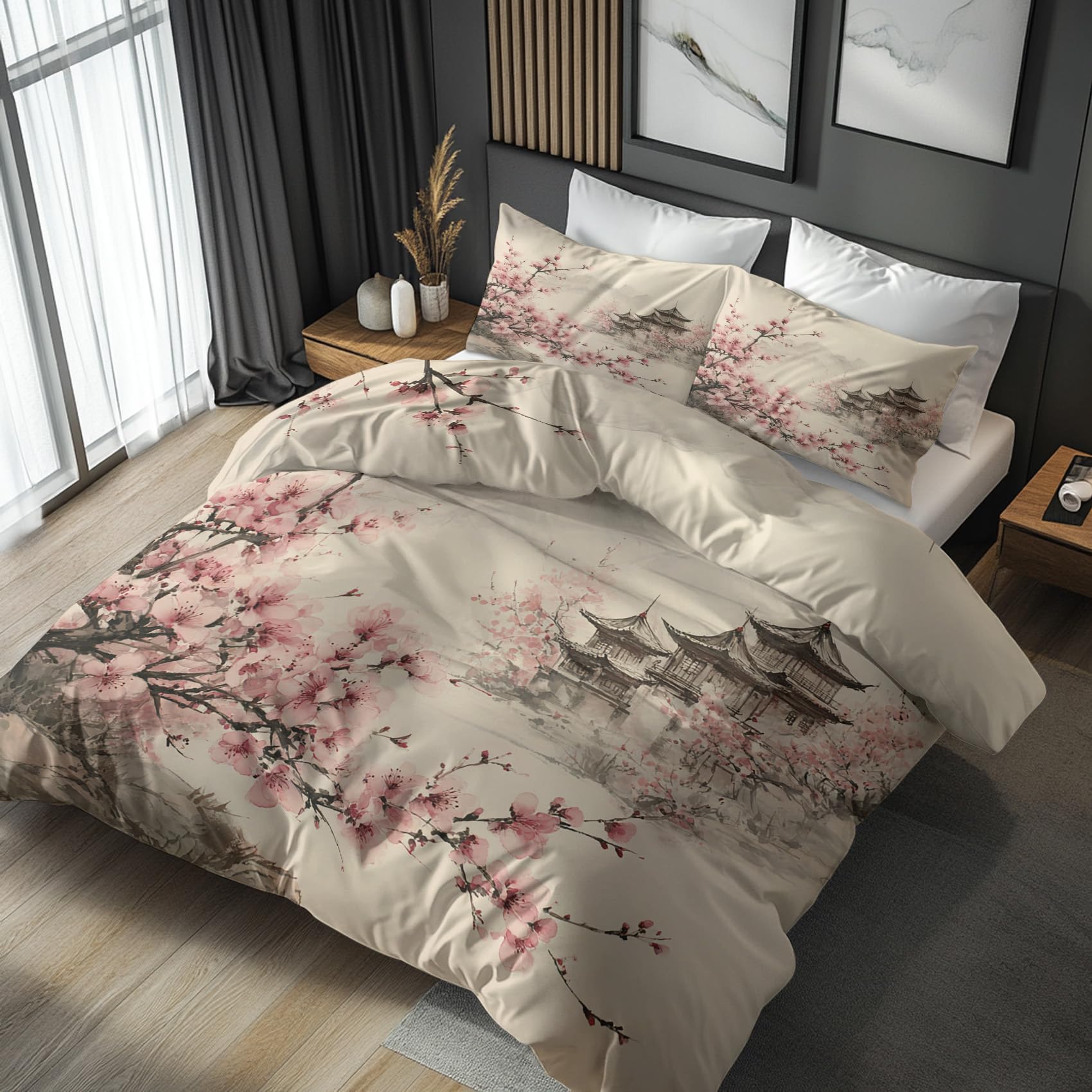 Housse de couette 220x240 japonais fleur de cerisier grise et rose pour lit 2 personnes