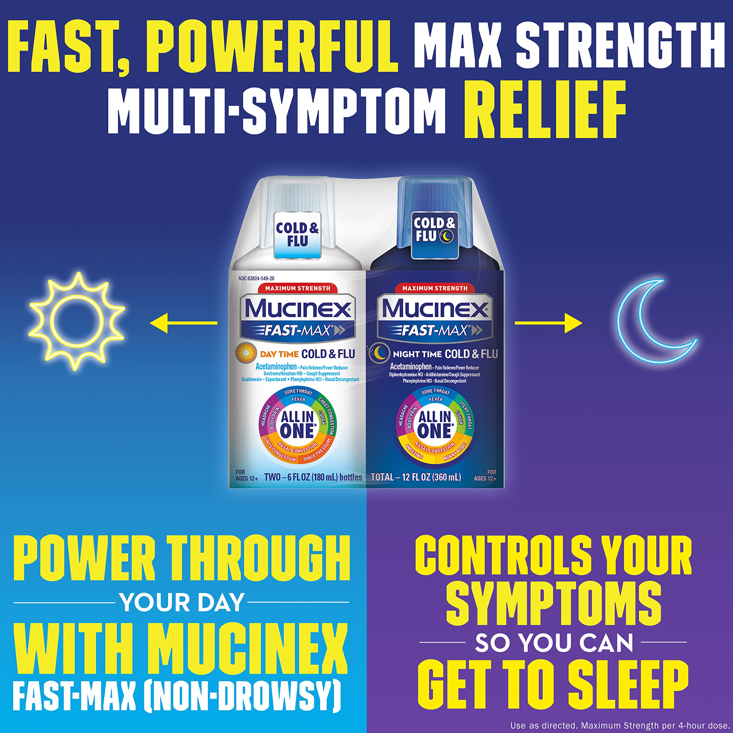 Mucinex FastMax Day Time Cold & Flu and Night Time Cold & Flu Liquid Medicine, 12 fl oz