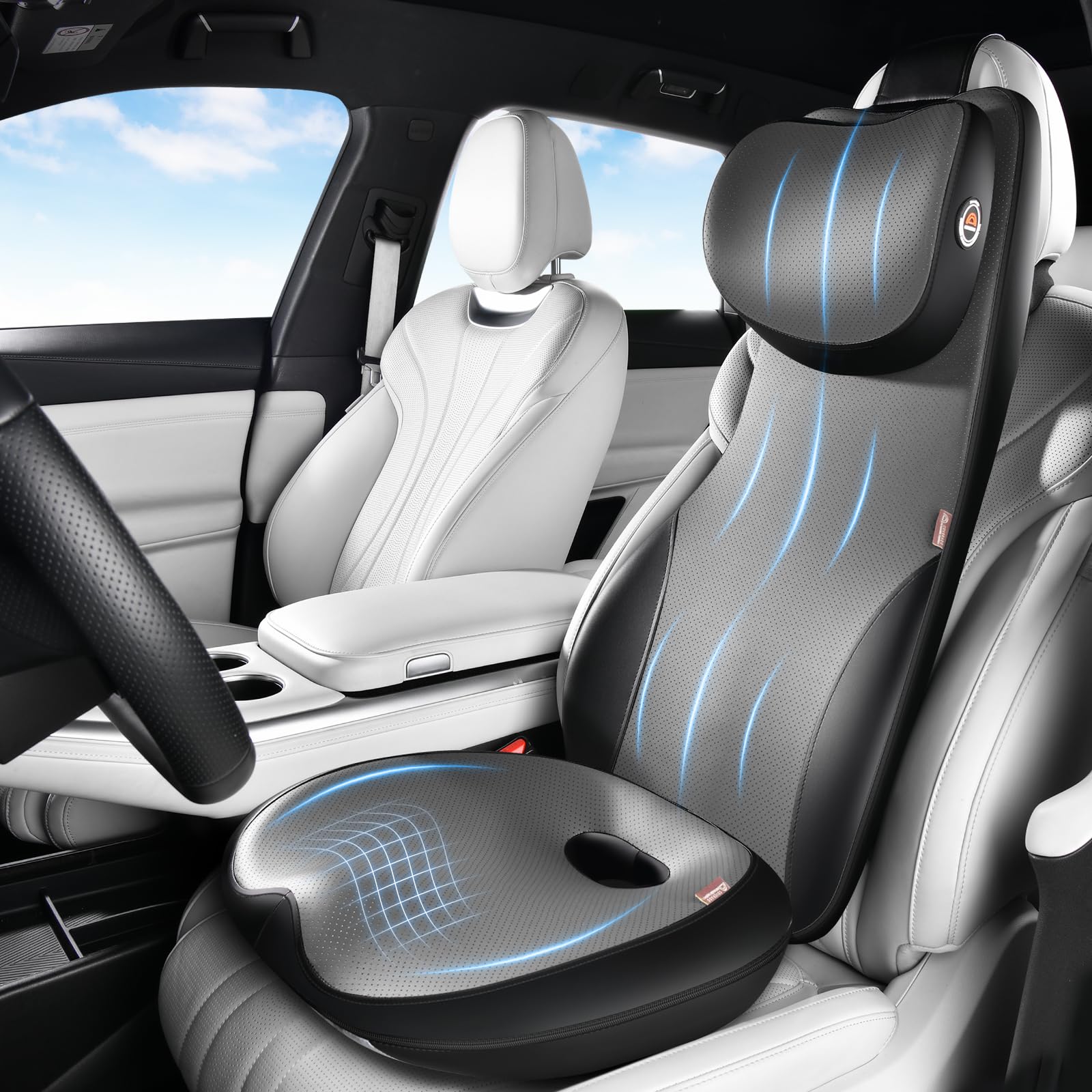 Coverado Car Seat Cushion and One Piece Lumbar Support with Headrest Pillow, Ergonomic Memory Foam Car Back Support, Adjustable Velcro Design Car Neck Pillow, Sciatica Back Neck Pain Relief, Blackgray