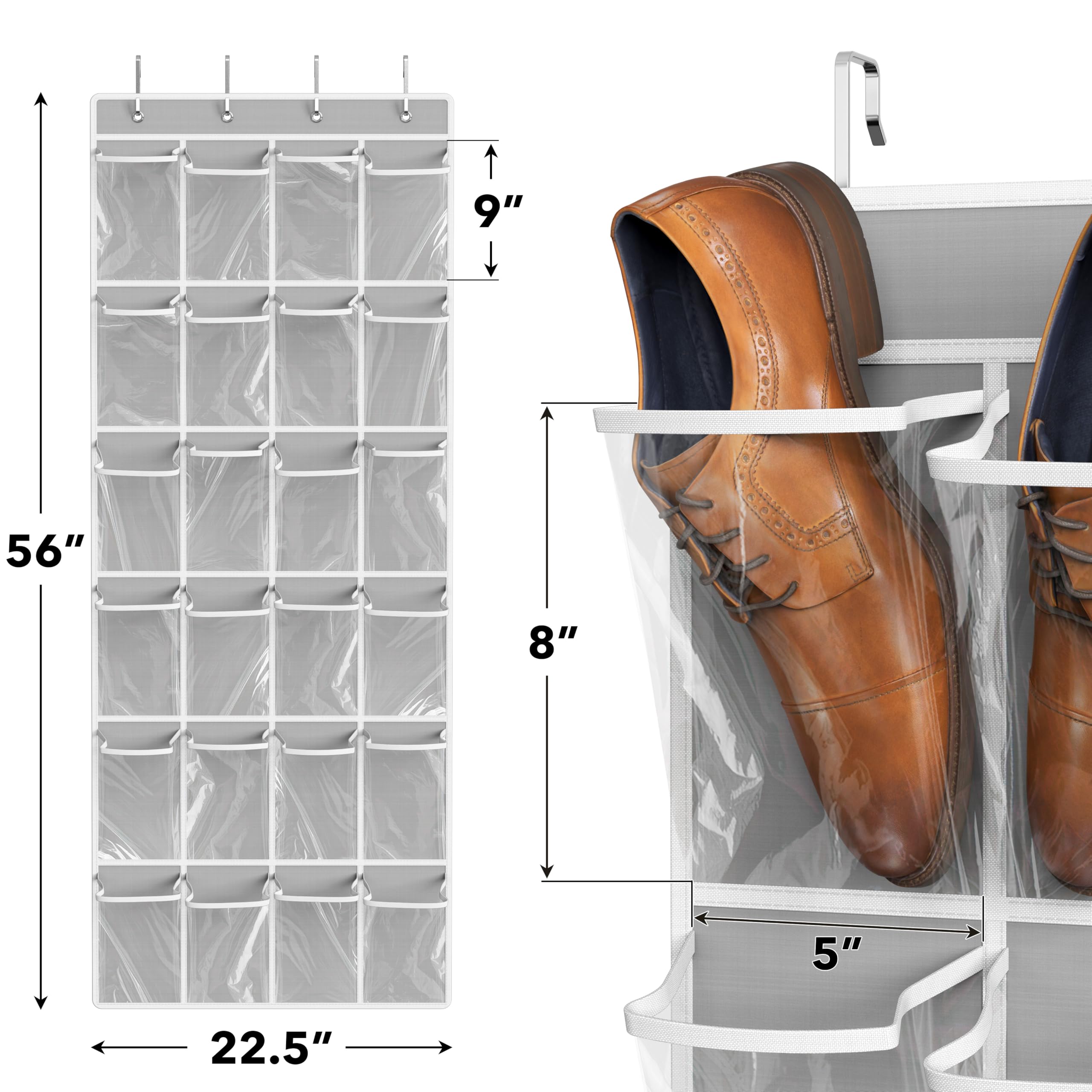 Simple Houseware Organizador de Zapatos para Colgar sobre la Puerta, 24 Bolsillos Grandes y Transparentes, Gris (56" x 22.5")