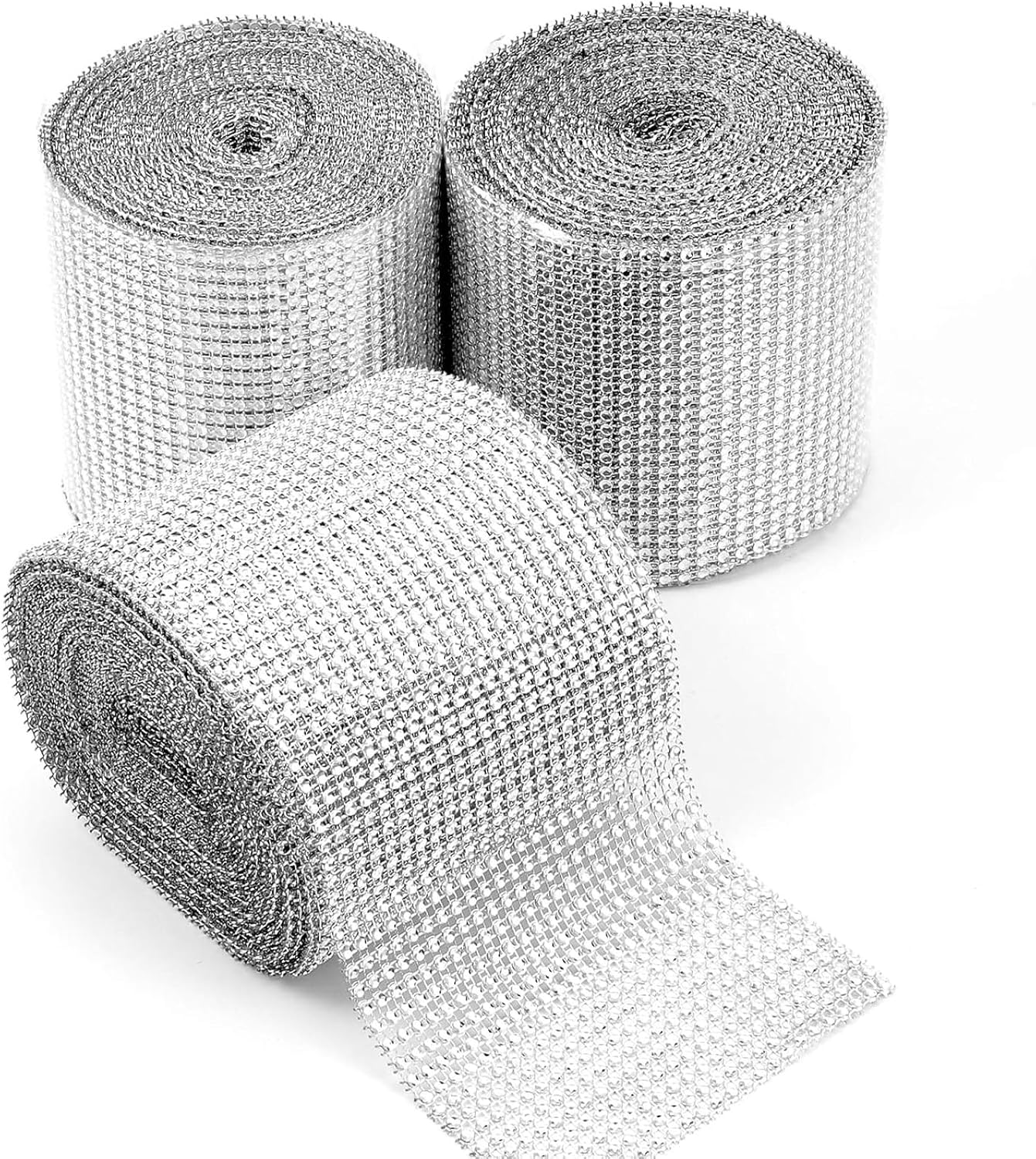 KEILEOHO 3 Rolls 10 Yards 24 Row Sparkling Rhinestone Ribbon, Silver Crystal Mesh Rhinestone Ribbon, Diamond Wrap for Wedding Decorations, Festival, Birthday, Arts, Crafts