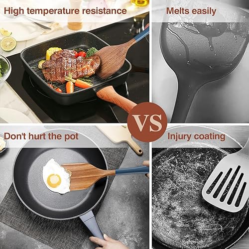 Miniatura 3 de Cucharas de madera para cocinar, 6 utensilios de cocina de madera de acacia natural, juego de utensilios de cocina de madera antiadherente para