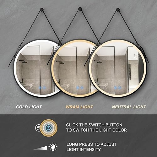 Miniatura 3 de Espejo LED de baño redondo de 32 pulgadas con luces, 3 luces inteligentes, regulables, iluminado, espejo de baño montado en la pared, espejo LED