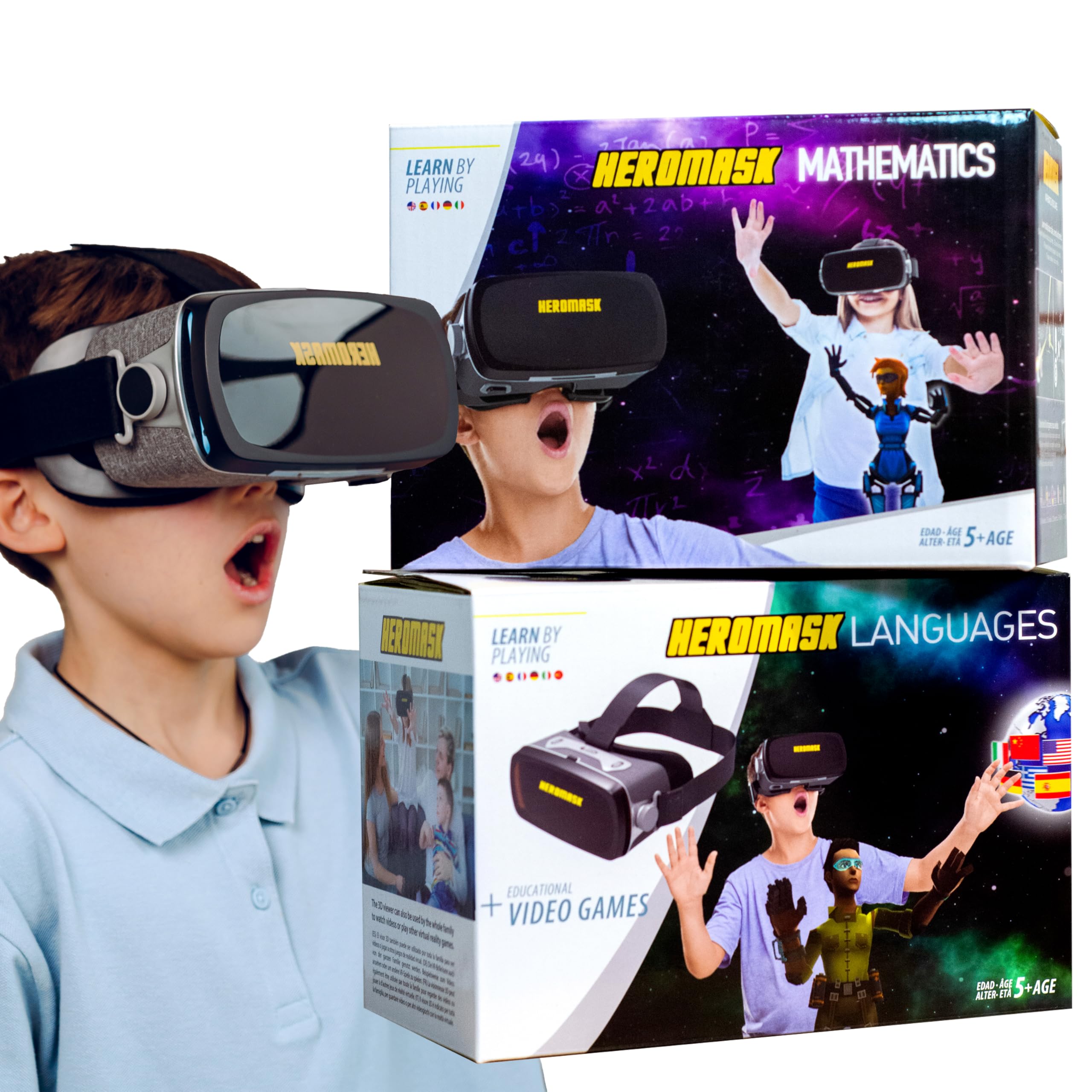 Heromask Sprachen + Mathematik Bundle – 2-in-1 VR Lernspiel | Sprachen & Rechnen Spielerisch Lernen | Originelles Geschenk für Kinder 5–12 Jahre, Kompatibel mit iOS & Android