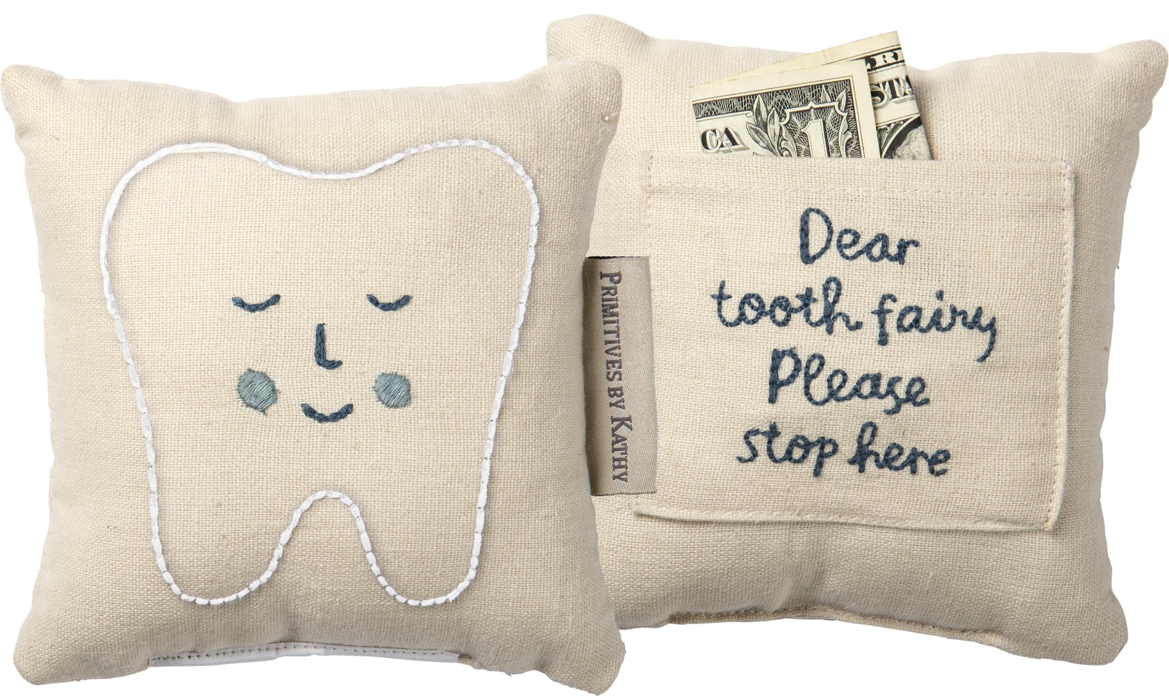 Tooth Fairy Pillow - Blue Embroidery Dear Tooth Fairy Please Stop Here | Tooth Holders for Tooth Fairy | Decorative Cotton Pillow with Pocket