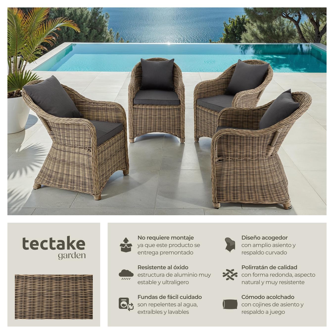 tectake® Conjunto de 4 sillones de Ratán y Aluminio con Cojines, Muebles Jardín Exterior Resistentes a la Intemperie, Sillones para Conjunto Jardín Exterior, Fundas Extraíbles, Sin Montaje - Natural