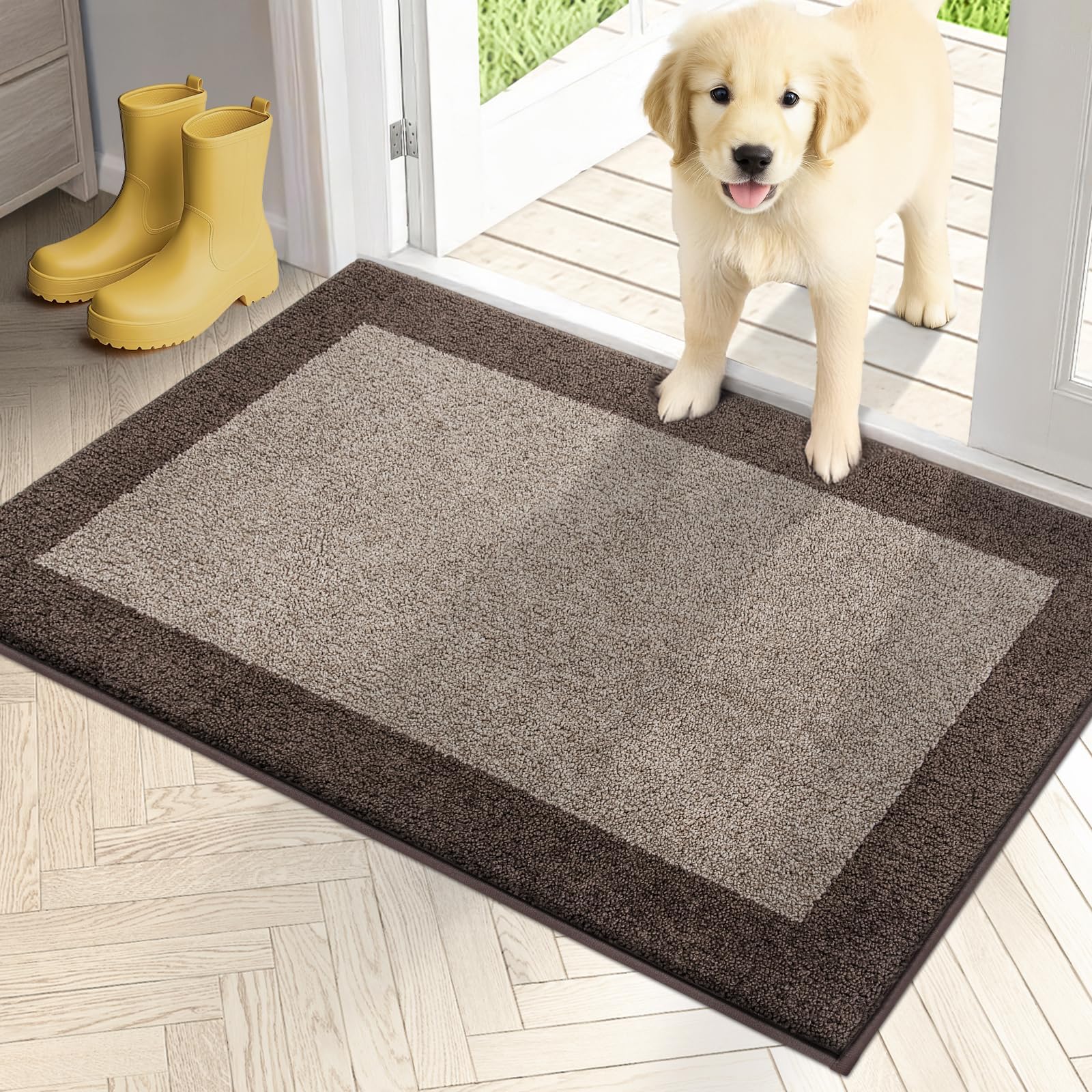 Dirt Trapping Door Mat 24" x 36", Non-Slip Washable Entry Mat, Dog Doormat, Front Door Mat, Super Absorbent Entrance Mat for Muddy Shoes & Paws, Beige & Grayish Brown