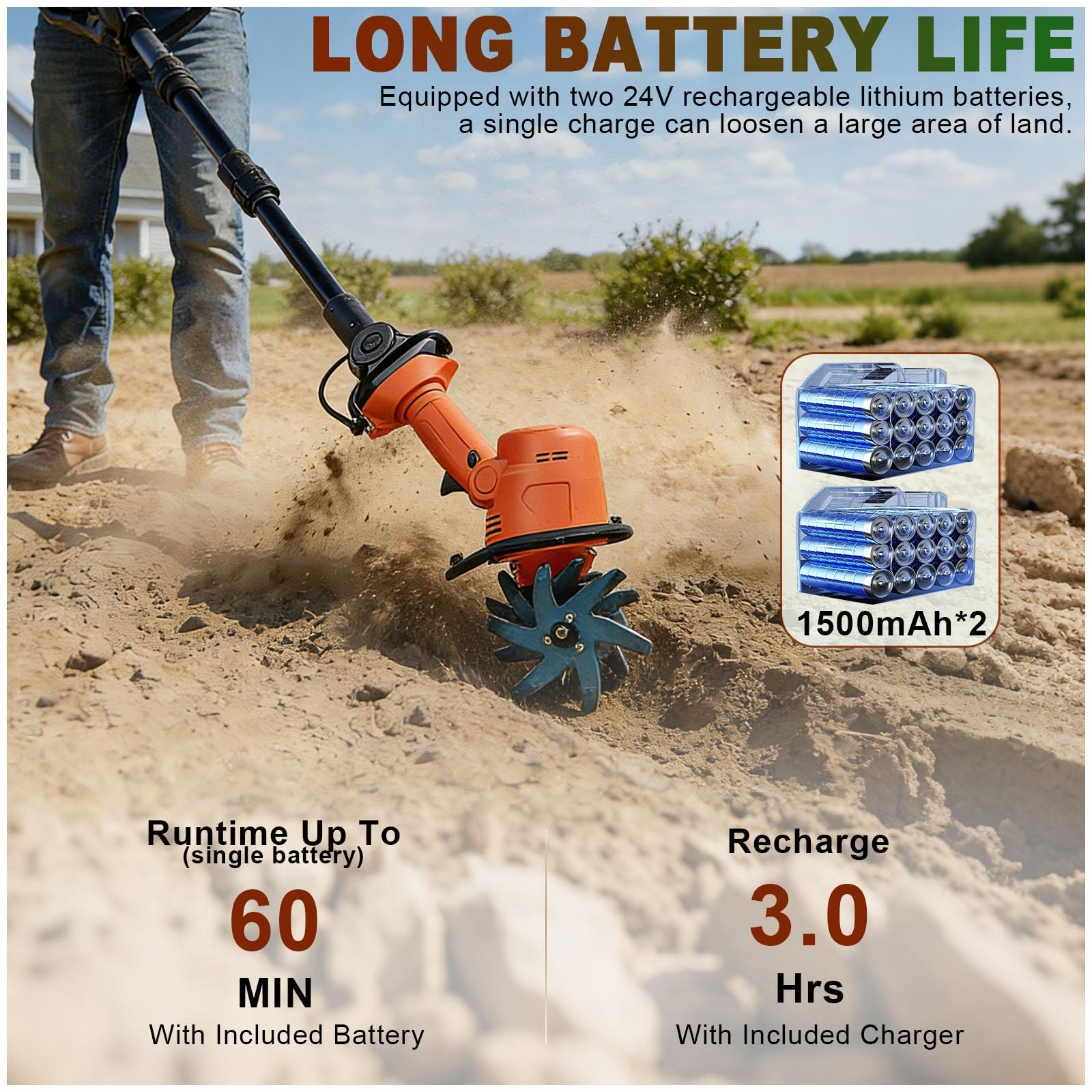 Motoazada eléctrica de jardín sin cables, motocultor de 24 V, dientes de acero de 4 filas, profundidad de 10 cm, barra extensible de 1,3 m, para la preparación del terreno y la jardinería