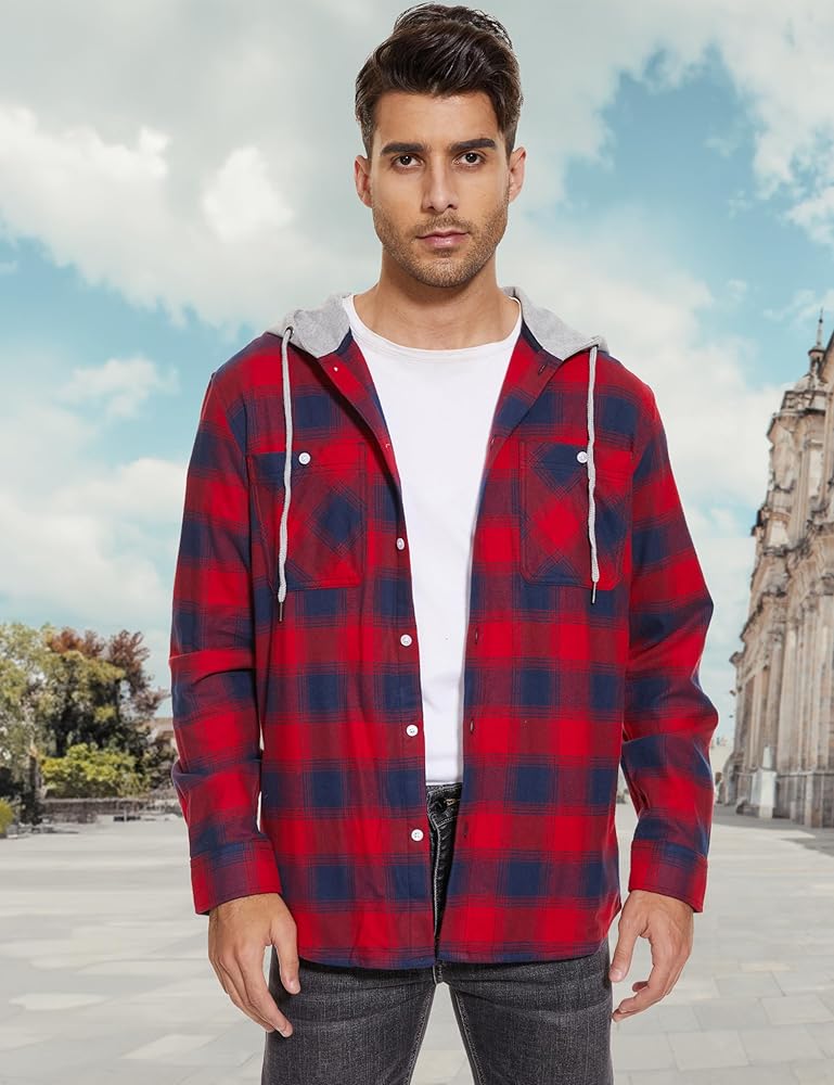 トップス KAMIYA Hooded Check Shirt RED M MAGCOMSEN Flannel Hoodie for Men Long Sleeve Flannel Shirts