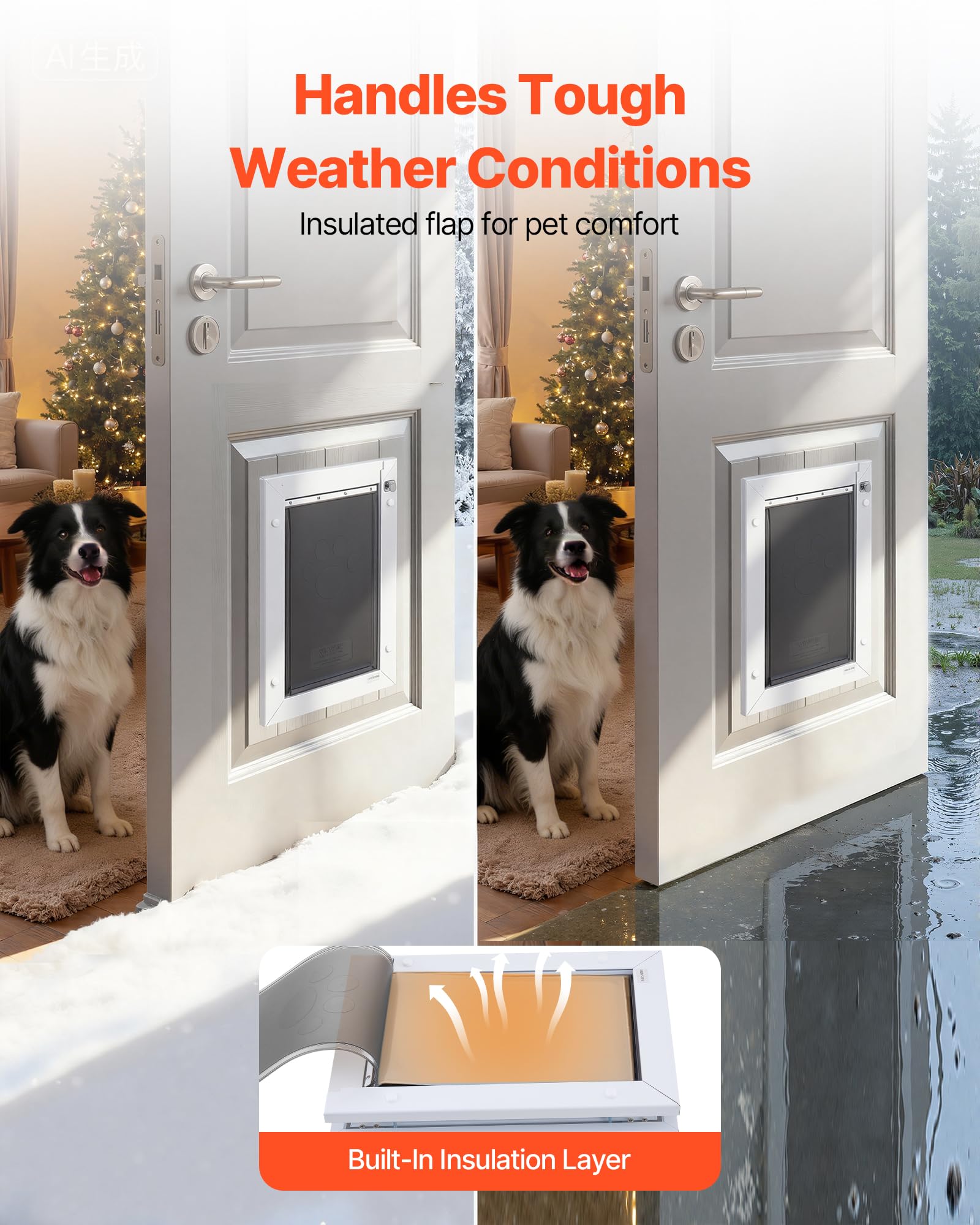 VEVOR Puerta para Mascotas Tamaño Grande, Gatera para Puerta Resistente a la Intemperie con 2 Solapas Flexibles Magnéticas, Marco Metálico para Perros Dormitorio Gatos Pared Jardín Interior Exterior