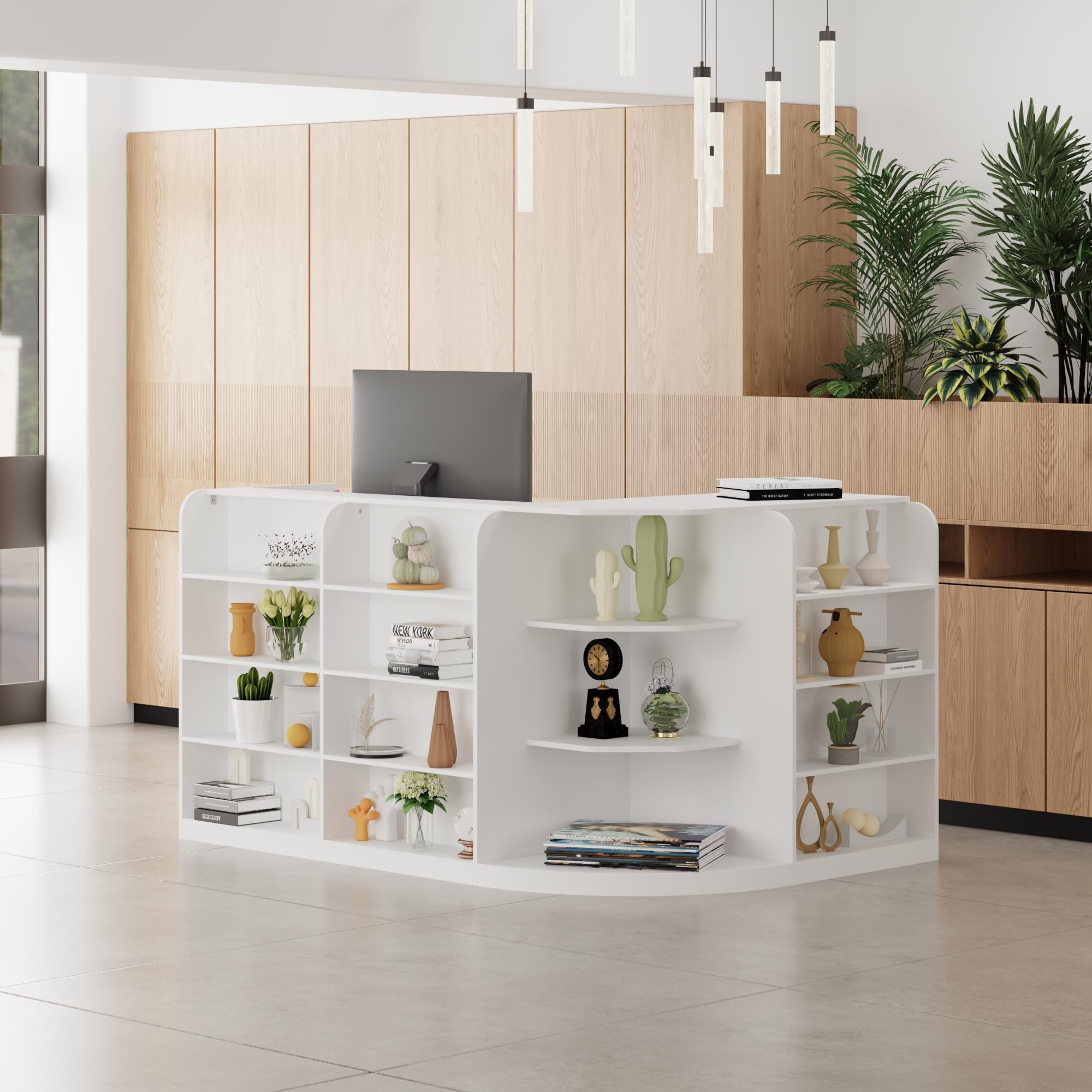 Table de caisse en forme de L, comptoir d'angle avec 3 tiroirs et 1 armoire, grand comptoir avec étagères