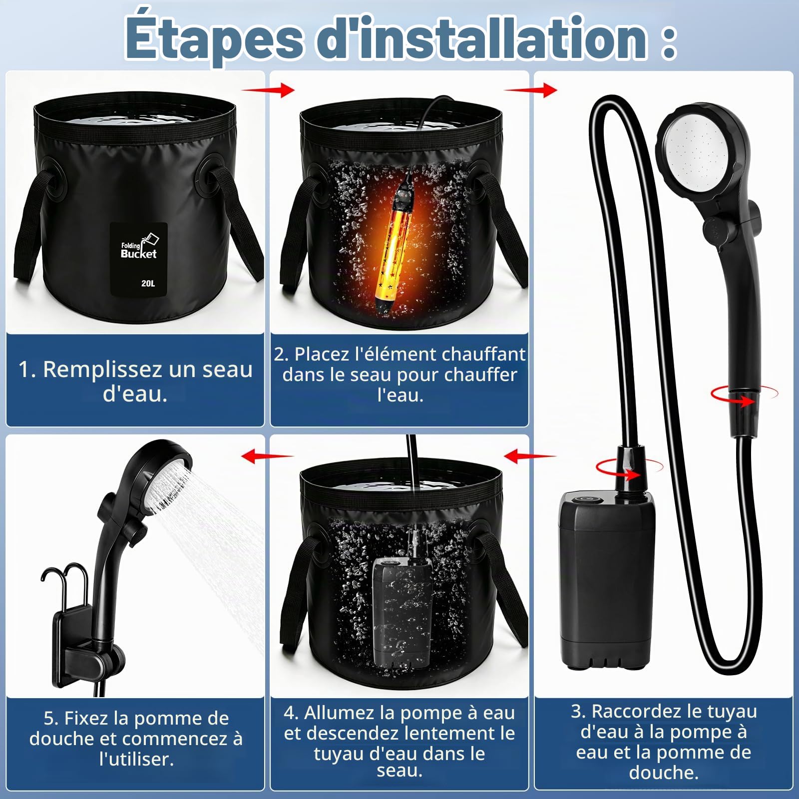Douche de camping portable avec pompe, 6000 mAh, douche de camping avec fonction chauffante | Seau pliable de 20 l avec indicateur de température pour extérieur, voyage, jardin, lavage de voiture
